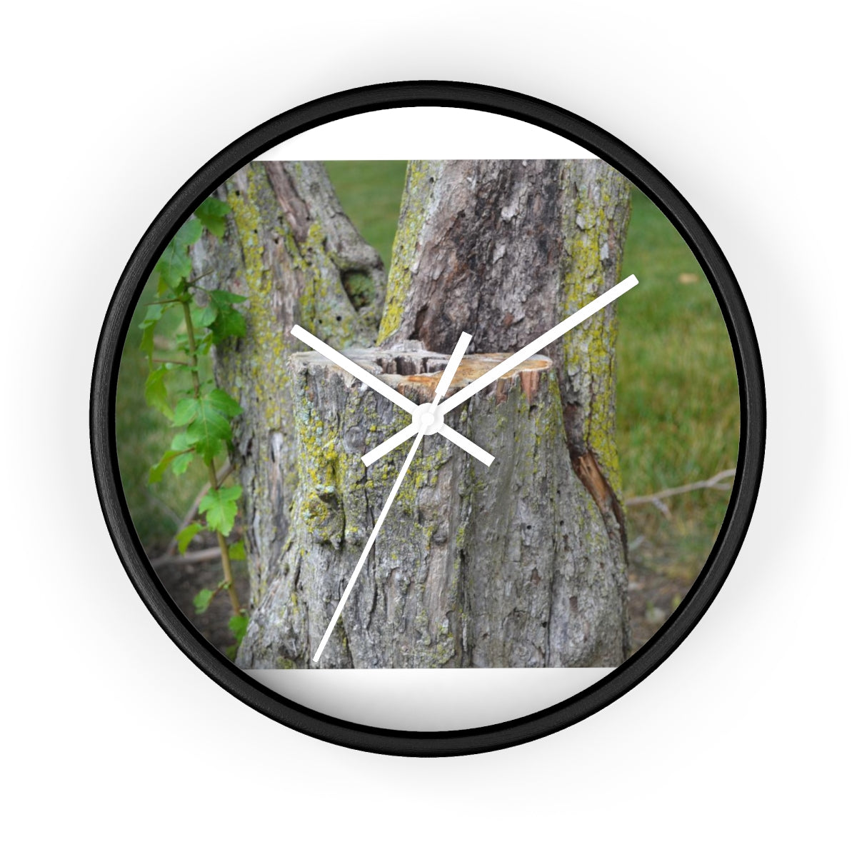 Tree Stump Wall Clock with wooden frame and plexiglass face, showcasing a rustic design.