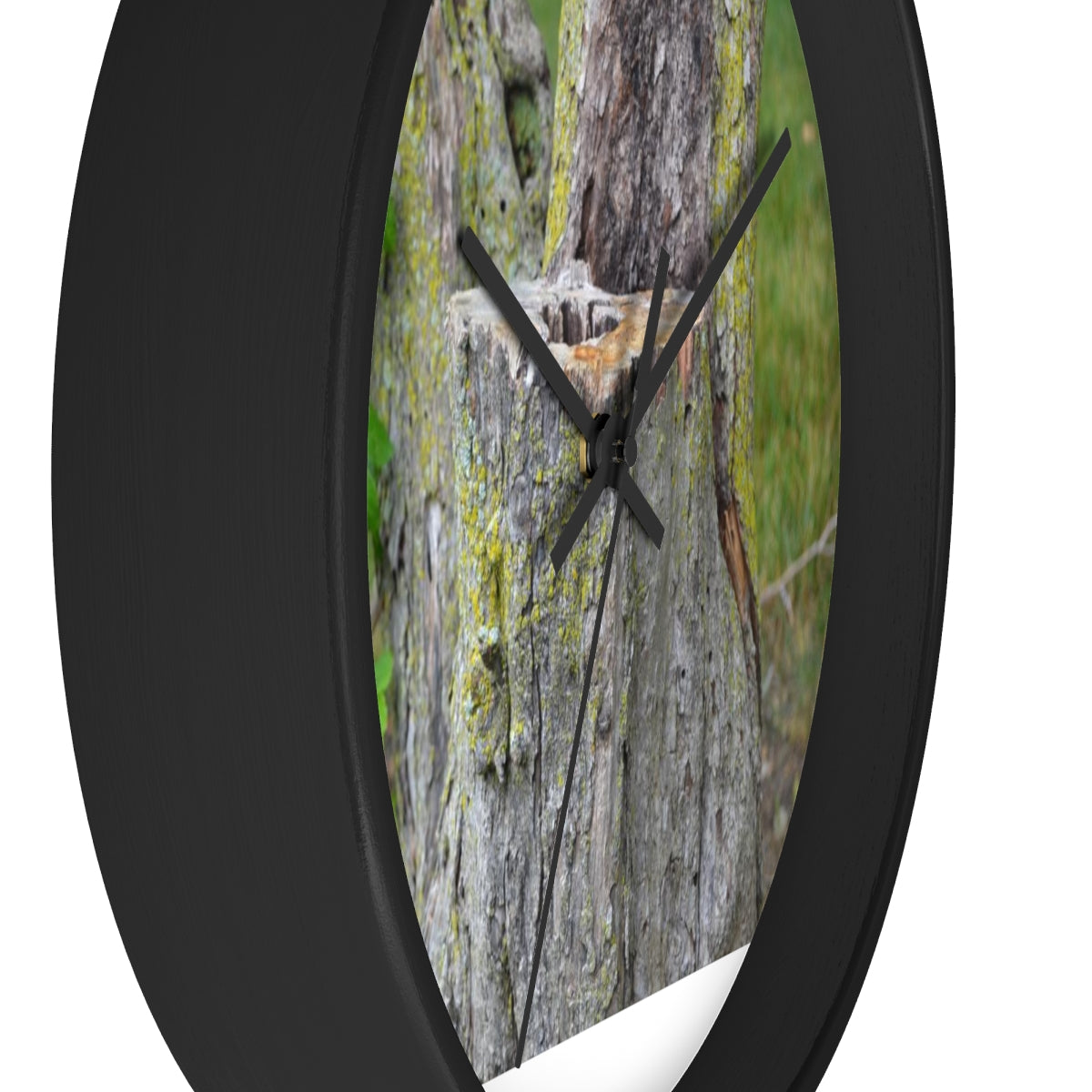 Tree Stump Wall Clock with wooden frame and plexiglass face, showcasing a rustic design.