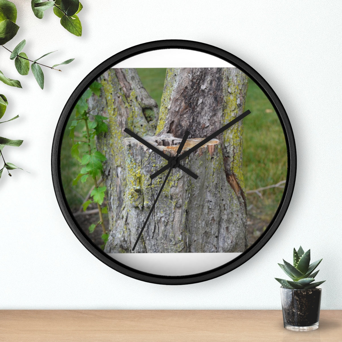 Tree Stump Wall Clock with wooden frame and plexiglass face, showcasing a rustic design.