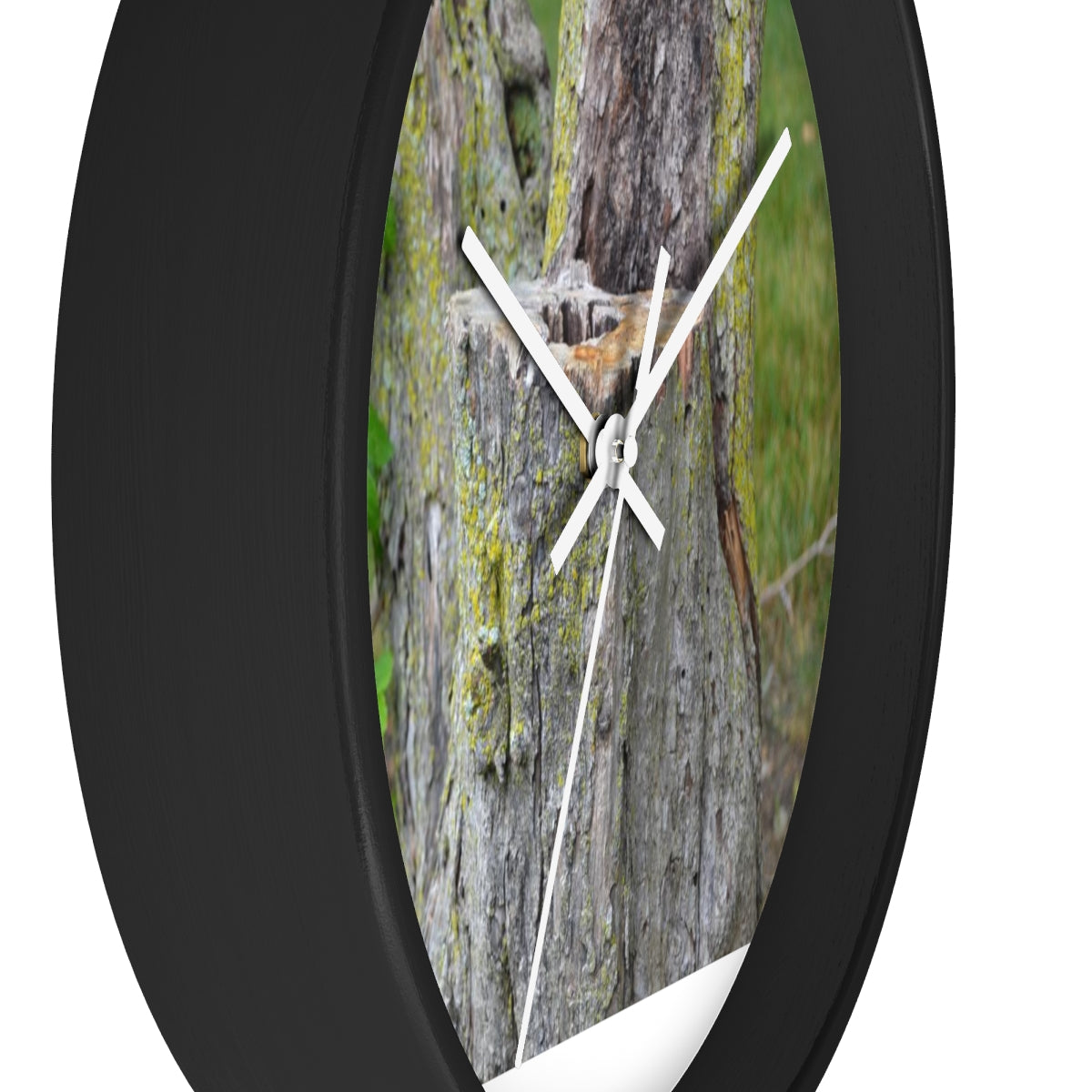 Tree Stump Wall Clock with wooden frame and plexiglass face, showcasing a rustic design.