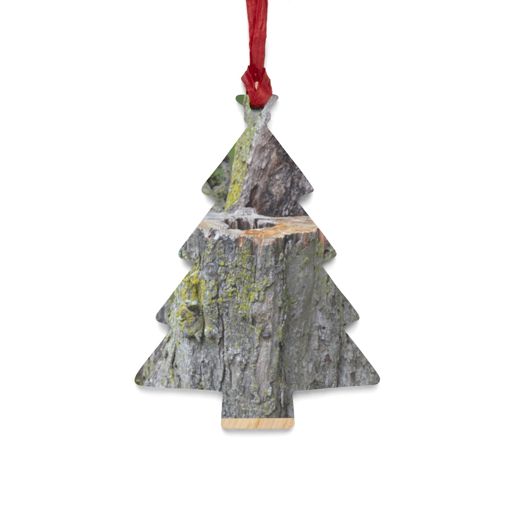 Tree Stump Wooden Christmas Ornaments in various whimsical shapes, featuring a rustic wood finish and red ribbons for hanging.