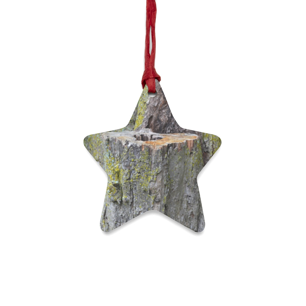 Tree Stump Wooden Christmas Ornaments in various whimsical shapes, featuring a rustic wood finish and red ribbons for hanging.