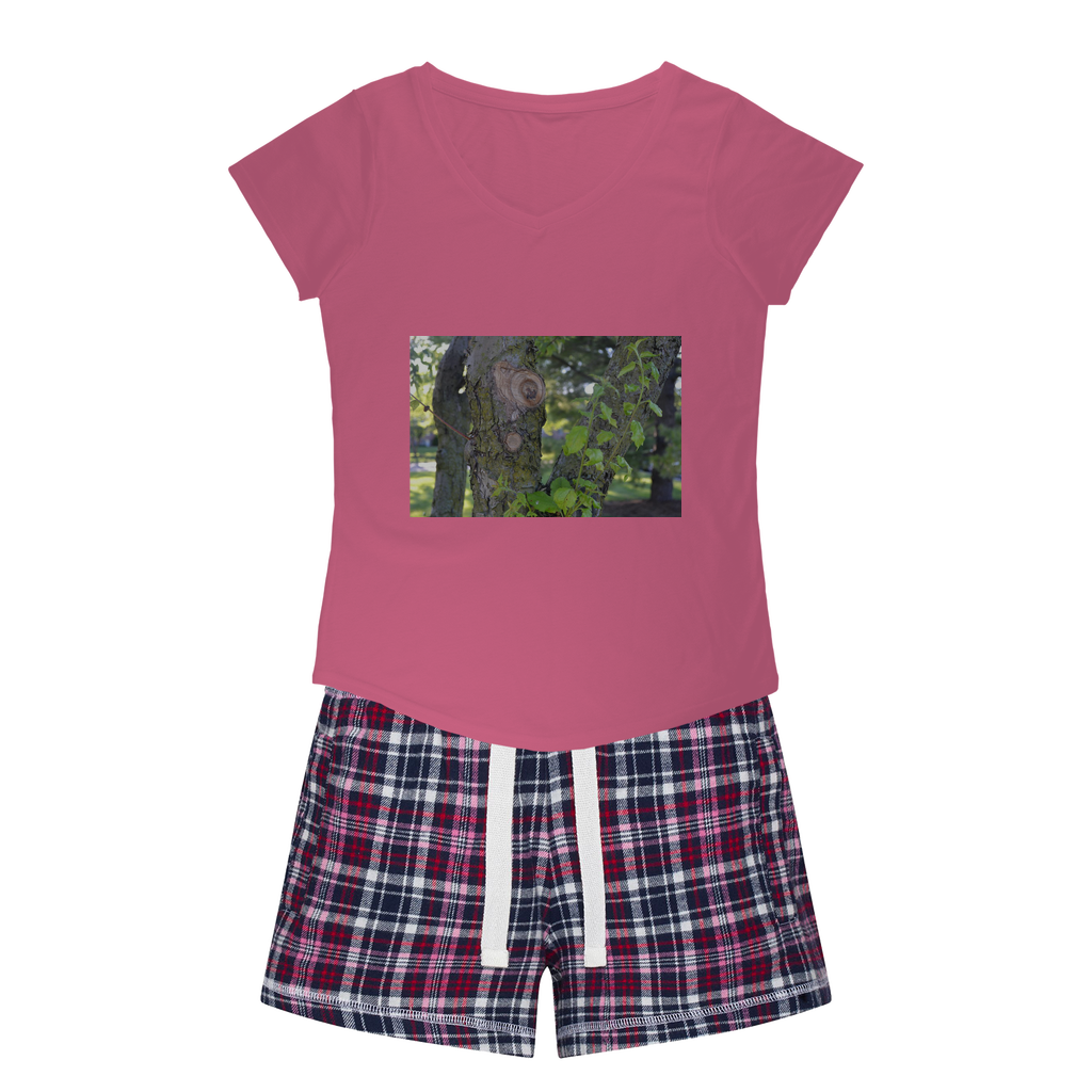 Tree Stump Women's Sleepy Tee and Flannel Short set featuring a relaxed fit T-shirt and colorful flannel shorts, perfect for cozy nights.