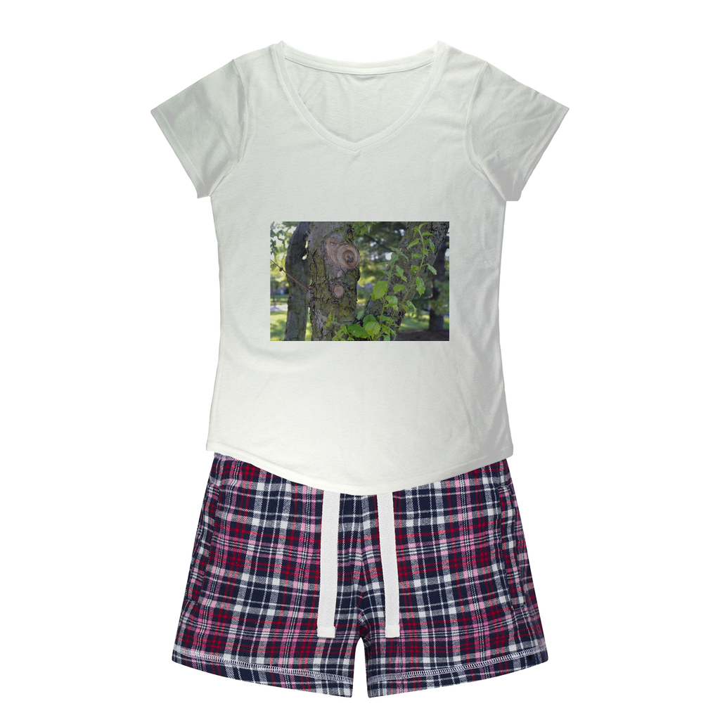 Tree Stump Women's Sleepy Tee and Flannel Short set featuring a relaxed fit T-shirt and colorful flannel shorts, perfect for cozy nights.