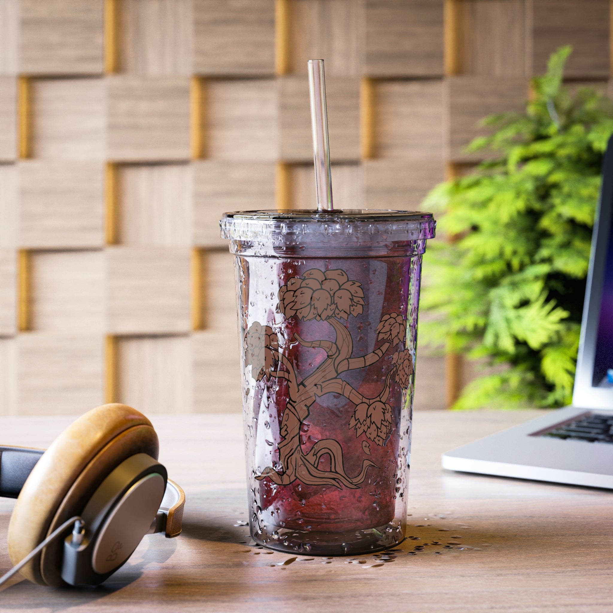 Tree Suave Acrylic Cup with double-wall insulation, featuring a customizable design and a straw, perfect for hot and cold beverages.