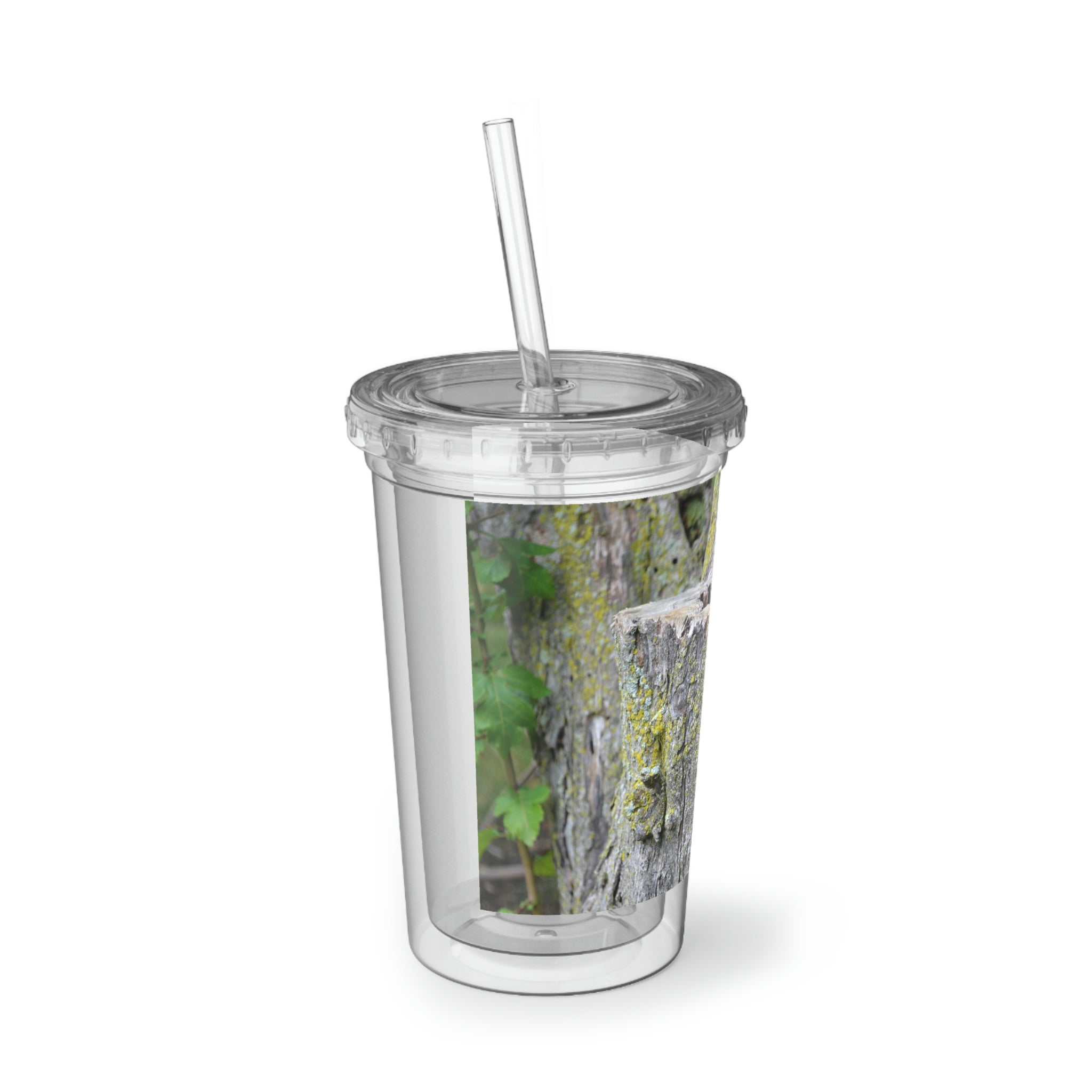 Tree Suave Acrylic Cup with double-wall insulation, featuring a customizable design and a plastic lid with a straw.