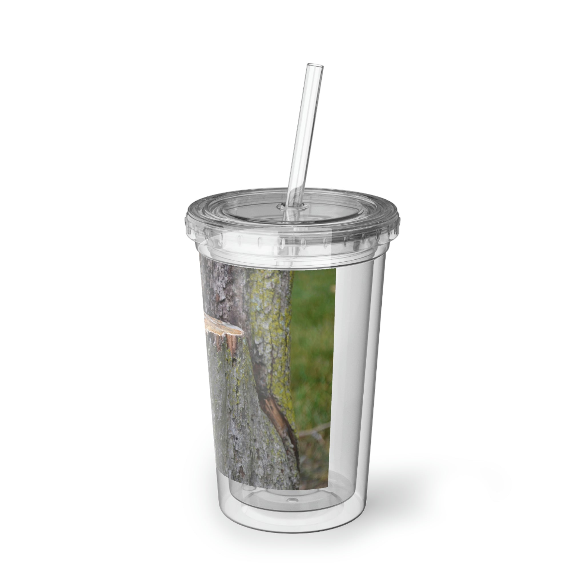 Tree Suave Acrylic Cup with double-wall insulation, featuring a customizable design and a plastic lid with a straw.