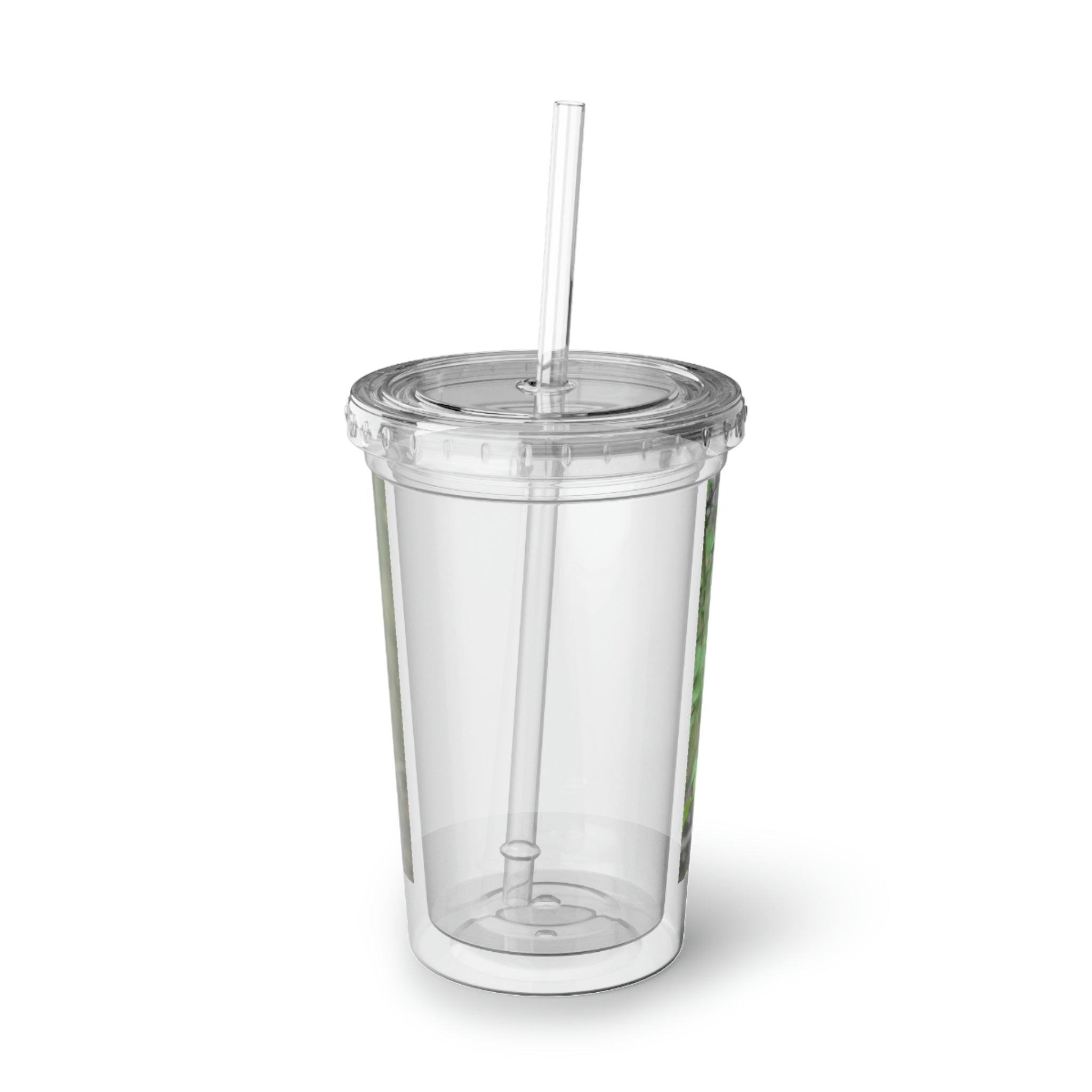 Tree Suave Acrylic Cup with double-wall insulation, featuring a customizable design and a plastic lid with a straw.