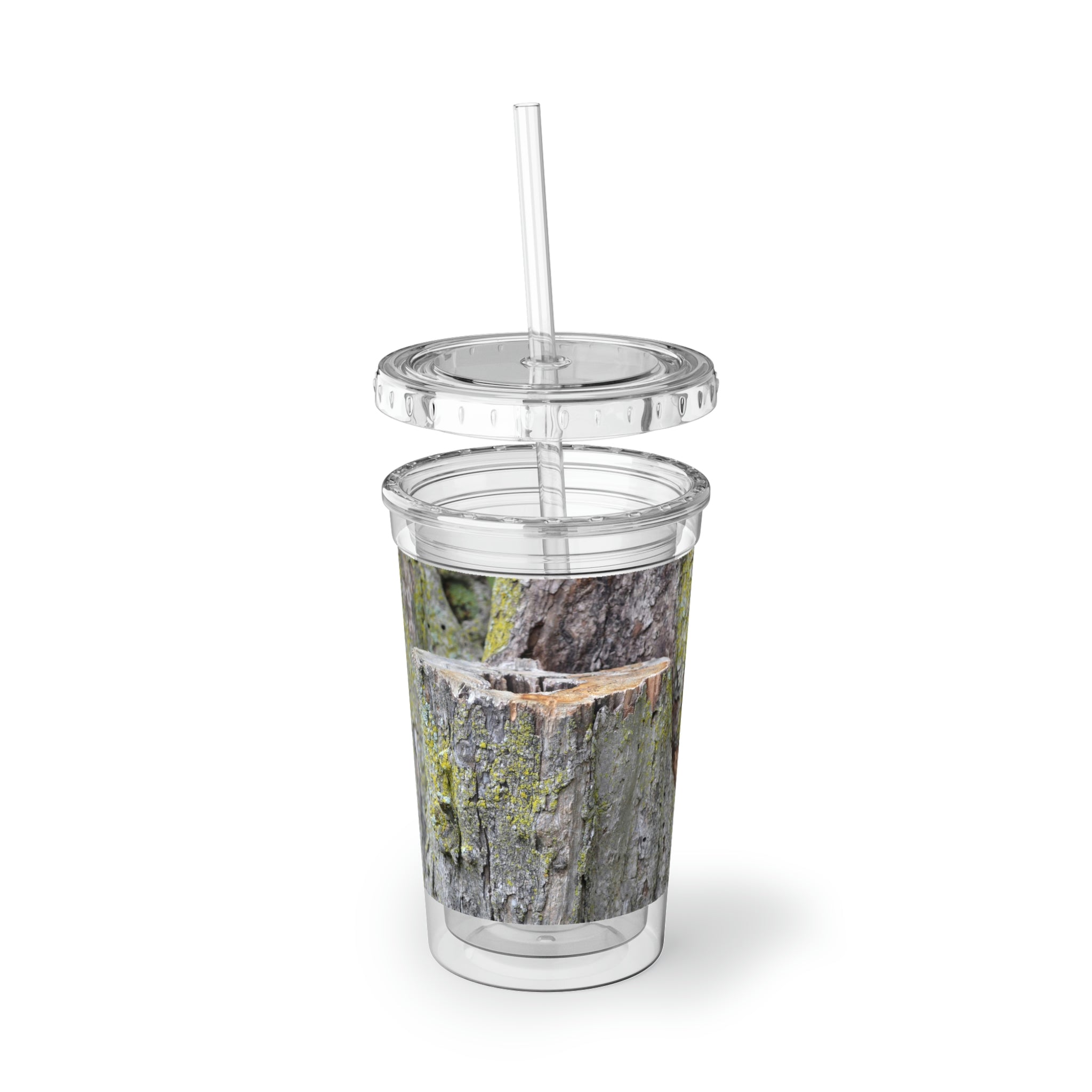 Tree Suave Acrylic Cup with double-wall insulation, featuring a customizable design and a plastic lid with a straw.