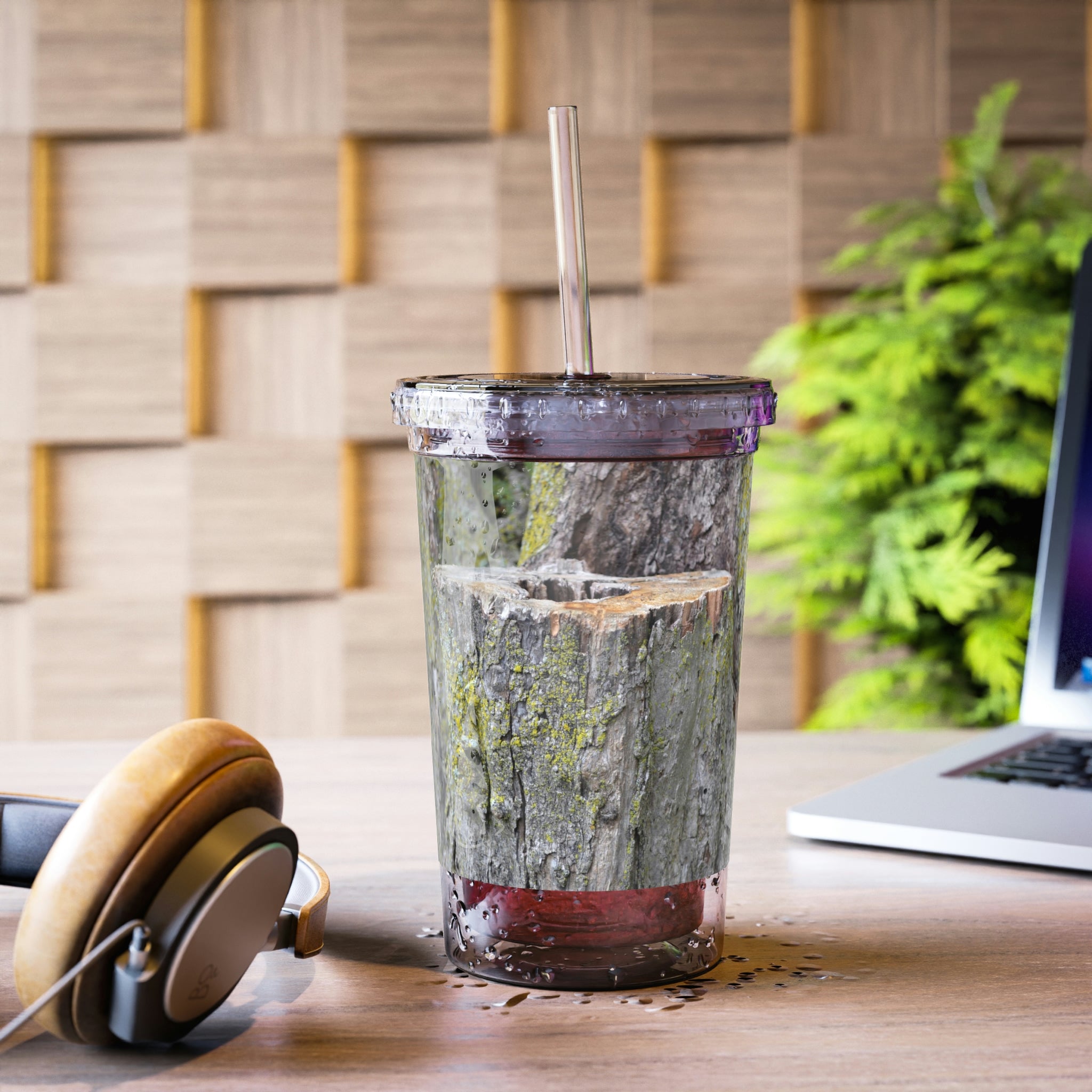 Tree Suave Acrylic Cup with double-wall insulation, featuring a customizable design and a plastic lid with a straw.