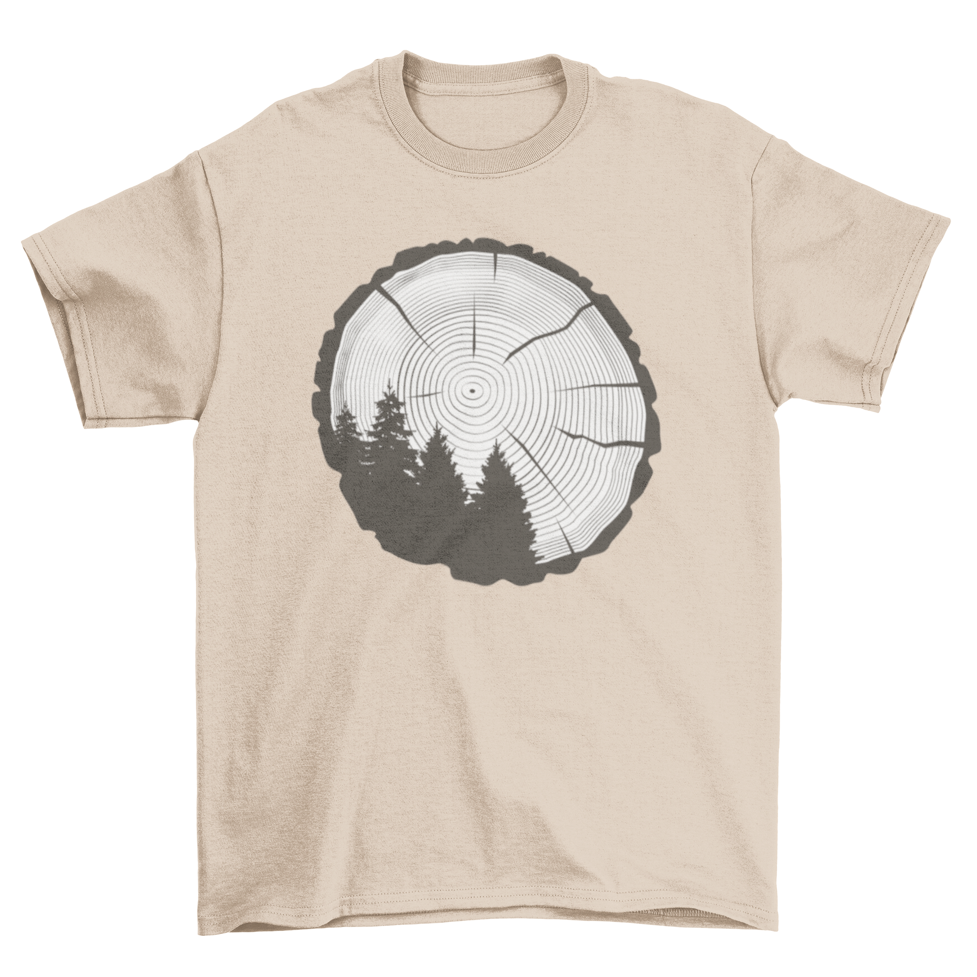 Tree trunk nature t-shirt featuring a detailed tree trunk design with pine trees, perfect for nature enthusiasts.