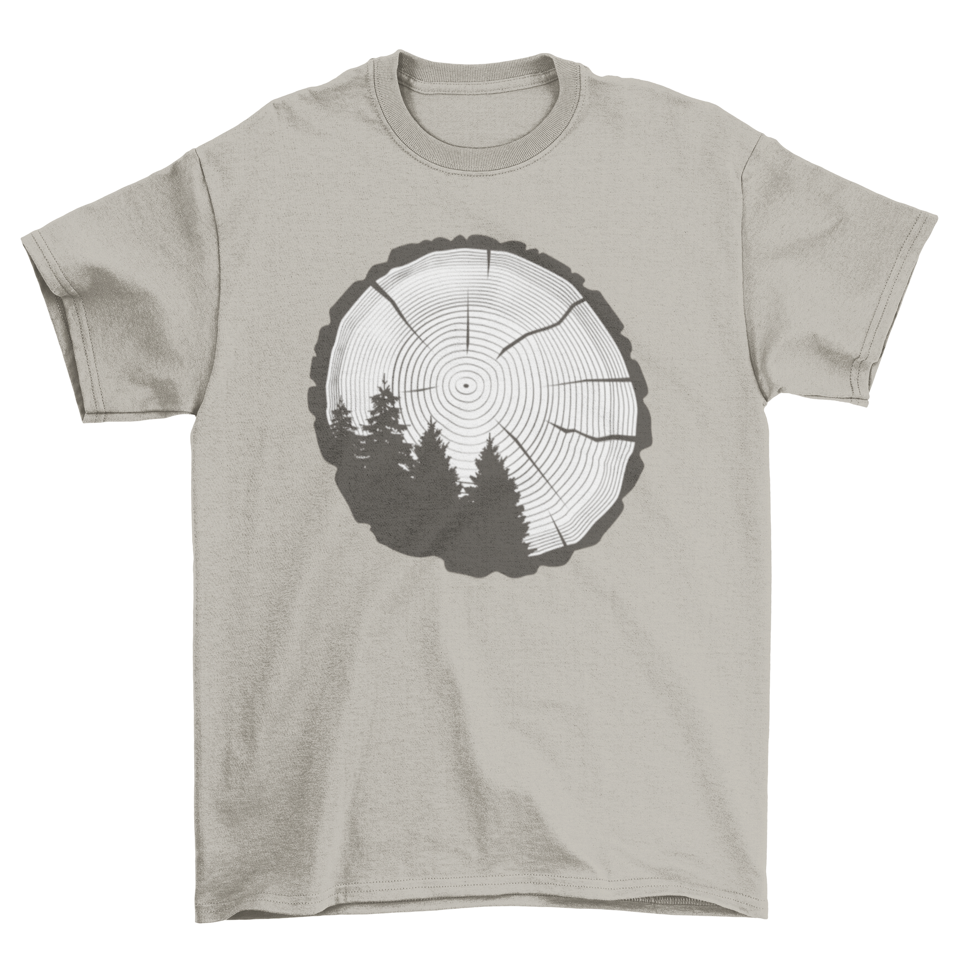 Tree trunk nature t-shirt featuring a detailed tree trunk design with pine trees, perfect for nature enthusiasts.