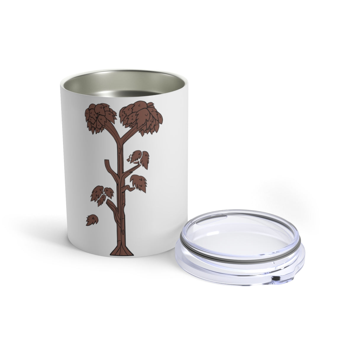 Tree Tumbler 10oz made of stainless steel with a see-thru plastic lid, showcasing its sleek design and rounded corners.