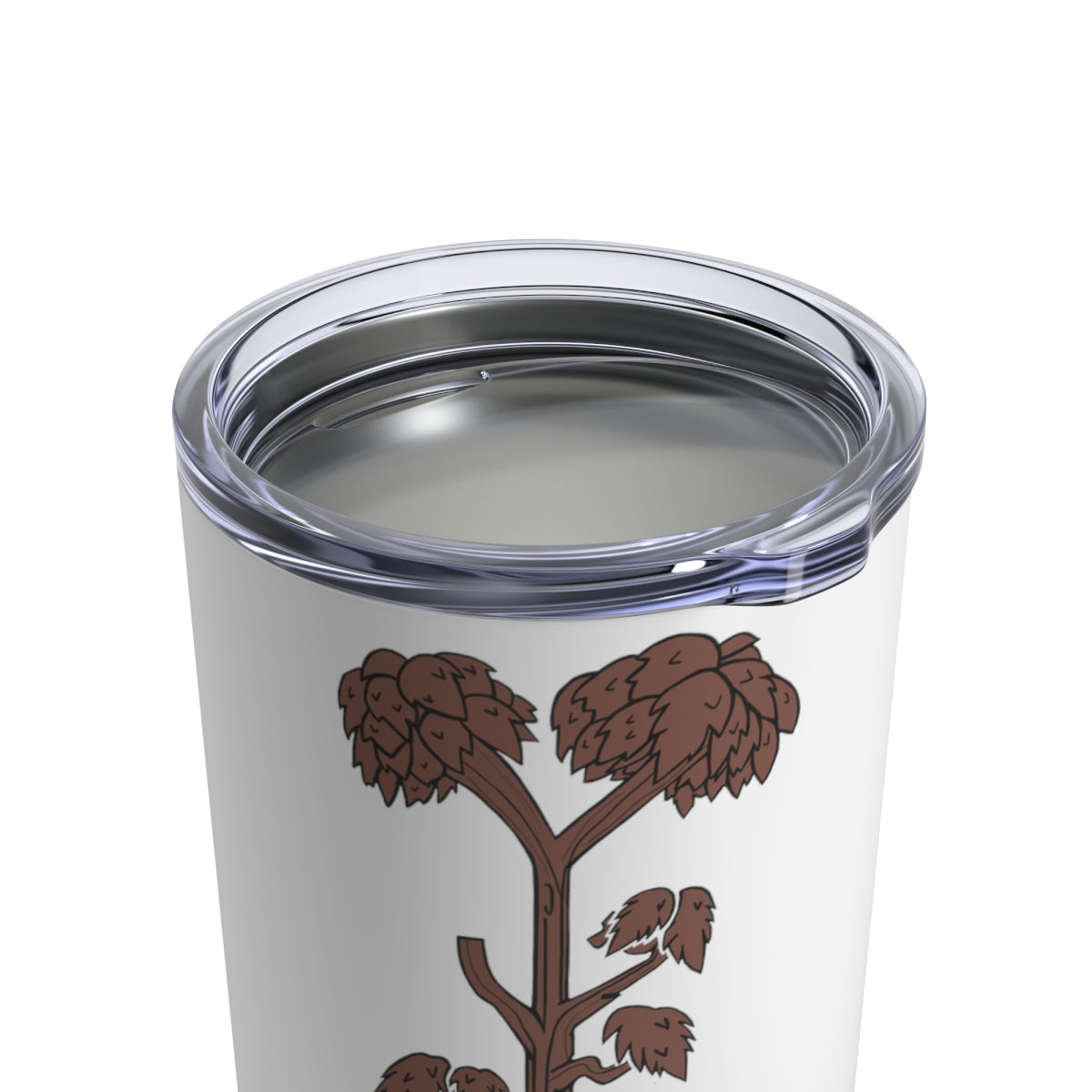 Tree Tumbler 10oz made of stainless steel with a see-thru plastic lid, showcasing its sleek design and rounded corners.