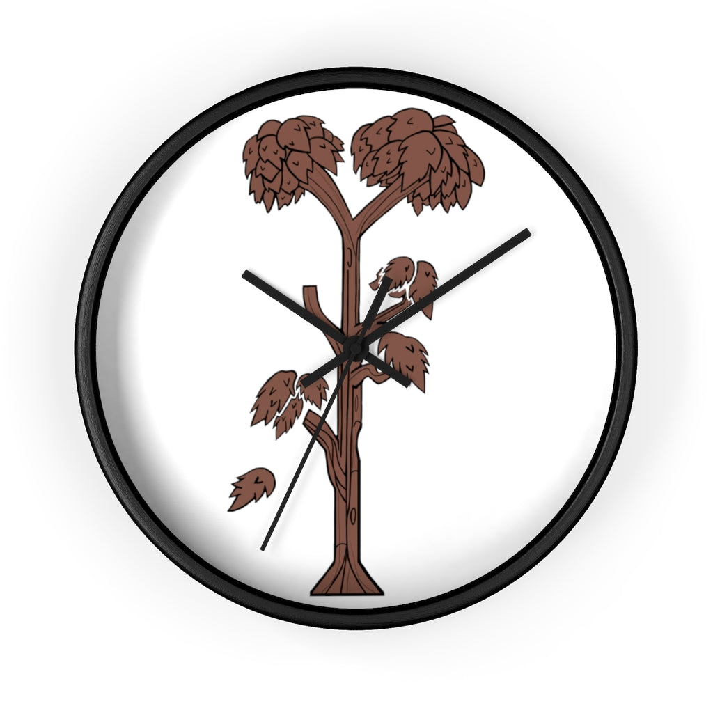 A beautifully designed Tree Wall Clock featuring a wooden frame and a clear plexiglass face, showcasing a unique tree-inspired design.