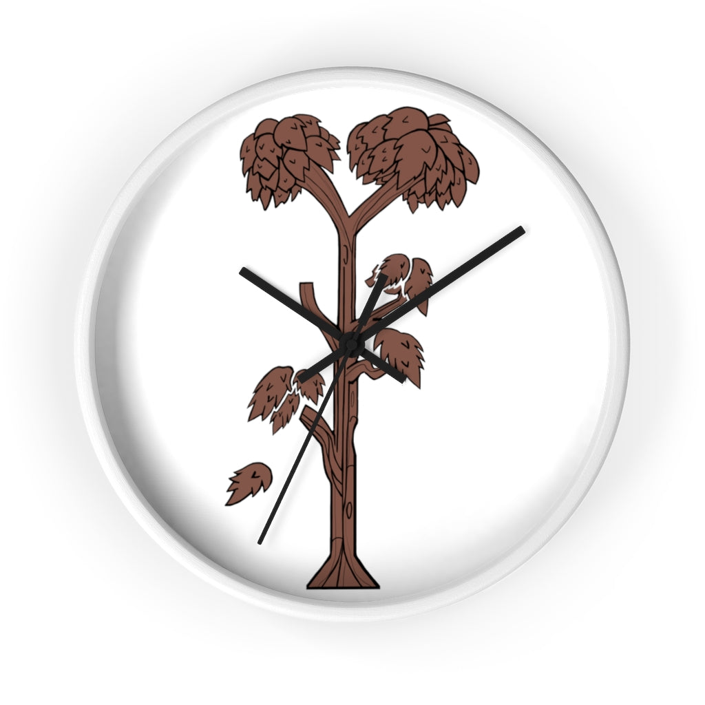 A beautifully designed Tree Wall Clock featuring a wooden frame and a clear plexiglass face, showcasing a unique tree-inspired design.