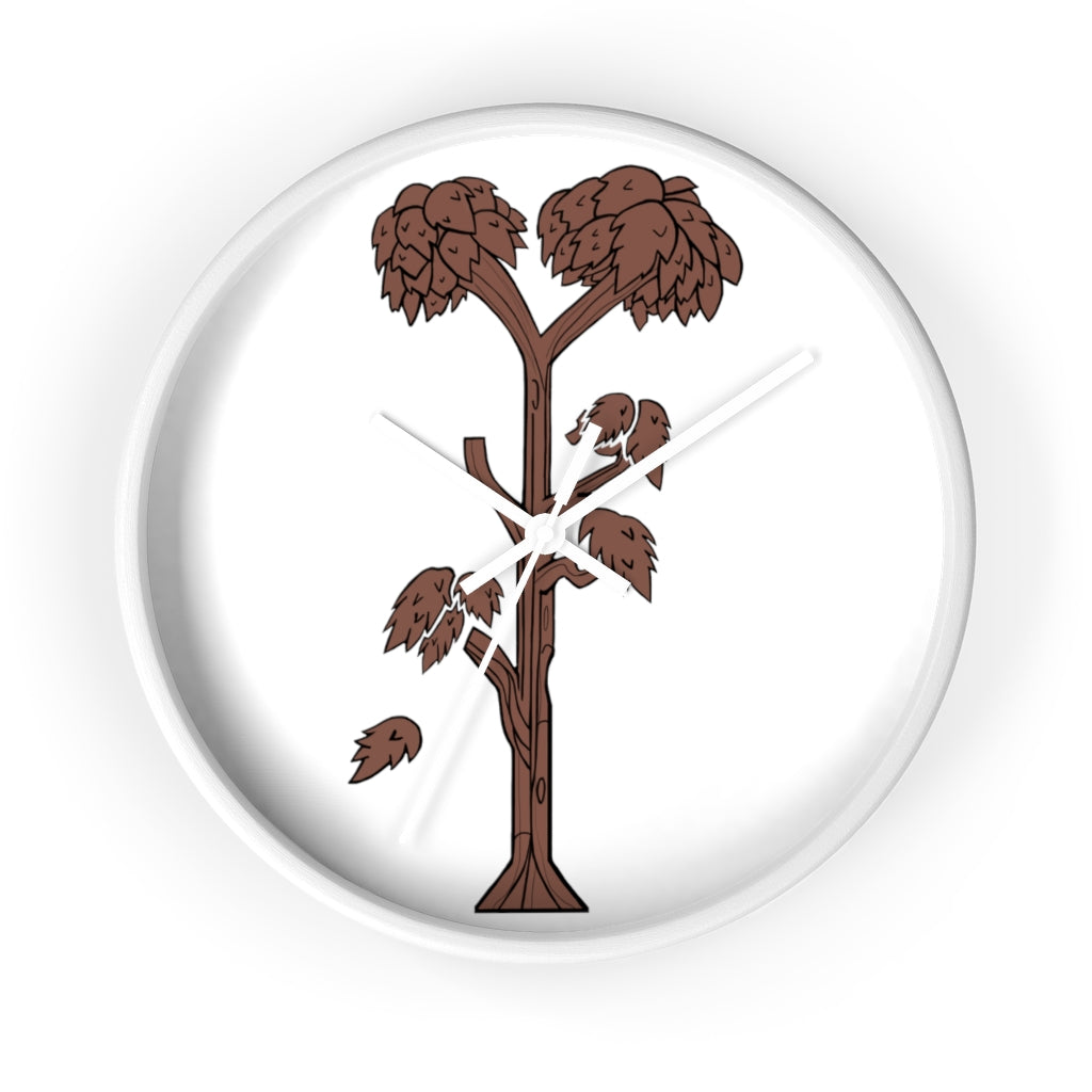 A beautifully designed Tree Wall Clock featuring a wooden frame and a clear plexiglass face, showcasing a unique tree-inspired design.