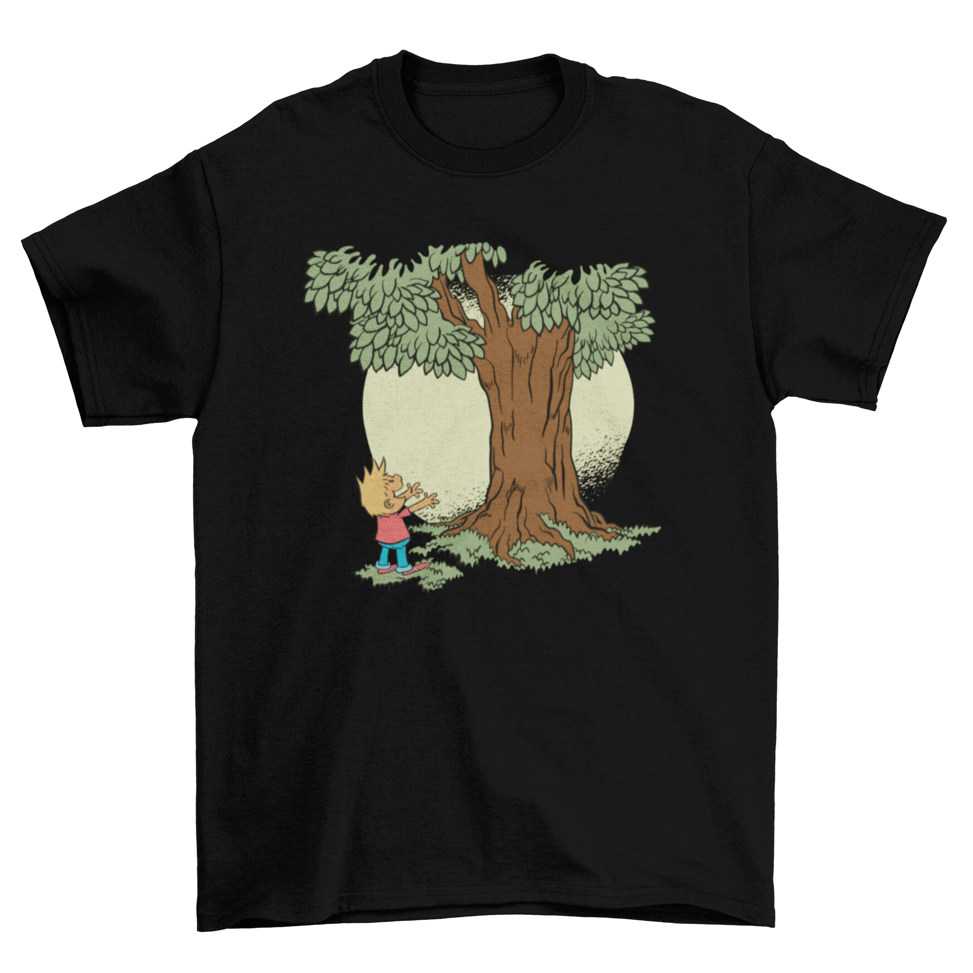 A whimsical t-shirt design featuring a child reaching for something falling from a tree under a moonlit sky.