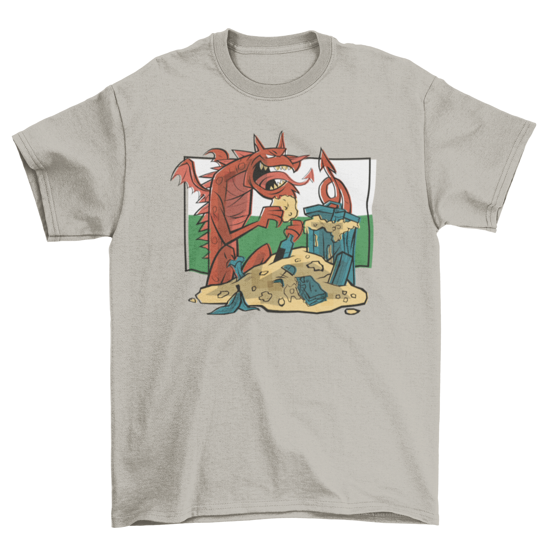 Treasure Dragon T-shirt featuring a vibrant red dragon surrounded by gold coins and jewels, showcasing a fantasy design.