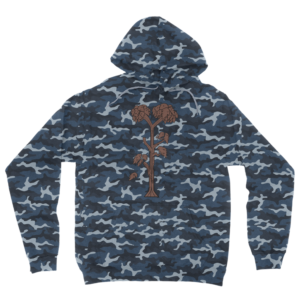 Trees Camouflage Adult Hoodie featuring an all-over camo design, double fabric hood, and kangaroo pouch pocket.