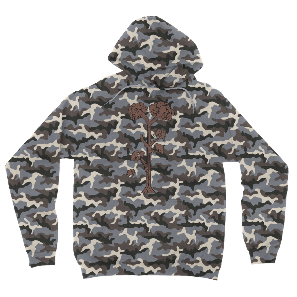 Trees Camouflage Adult Hoodie featuring an all-over camo design, double fabric hood, and kangaroo pouch pocket.