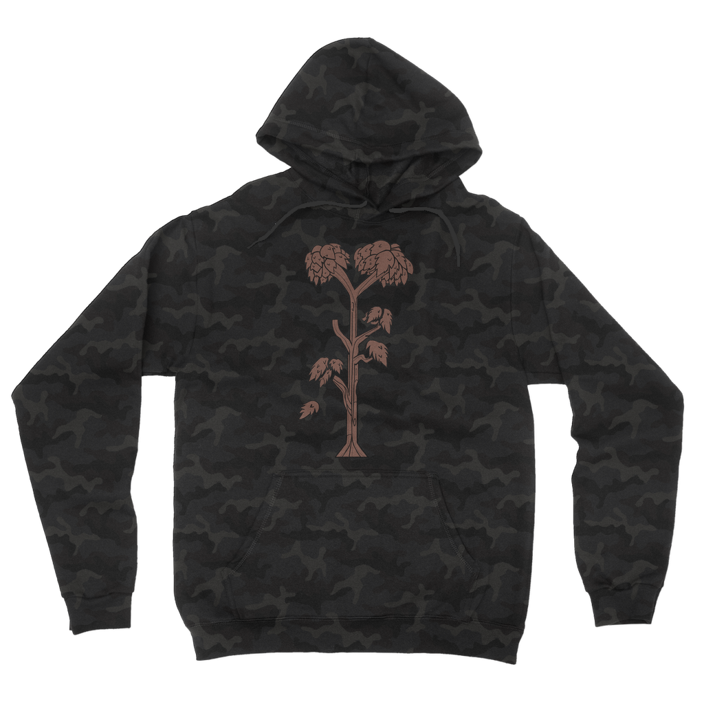 Trees Camouflage Adult Hoodie featuring an all-over camo design, double fabric hood, and kangaroo pouch pocket.