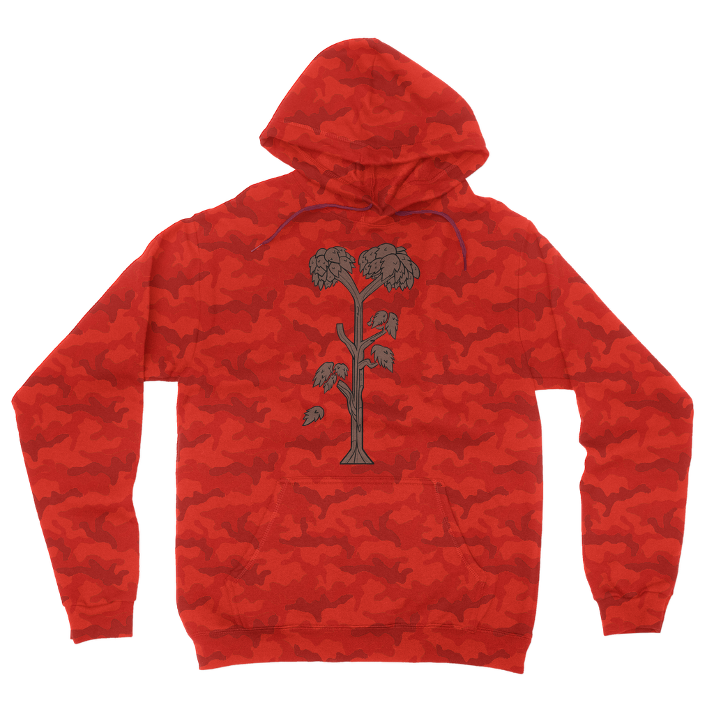 Trees Camouflage Adult Hoodie featuring an all-over camo design, double fabric hood, and kangaroo pouch pocket.