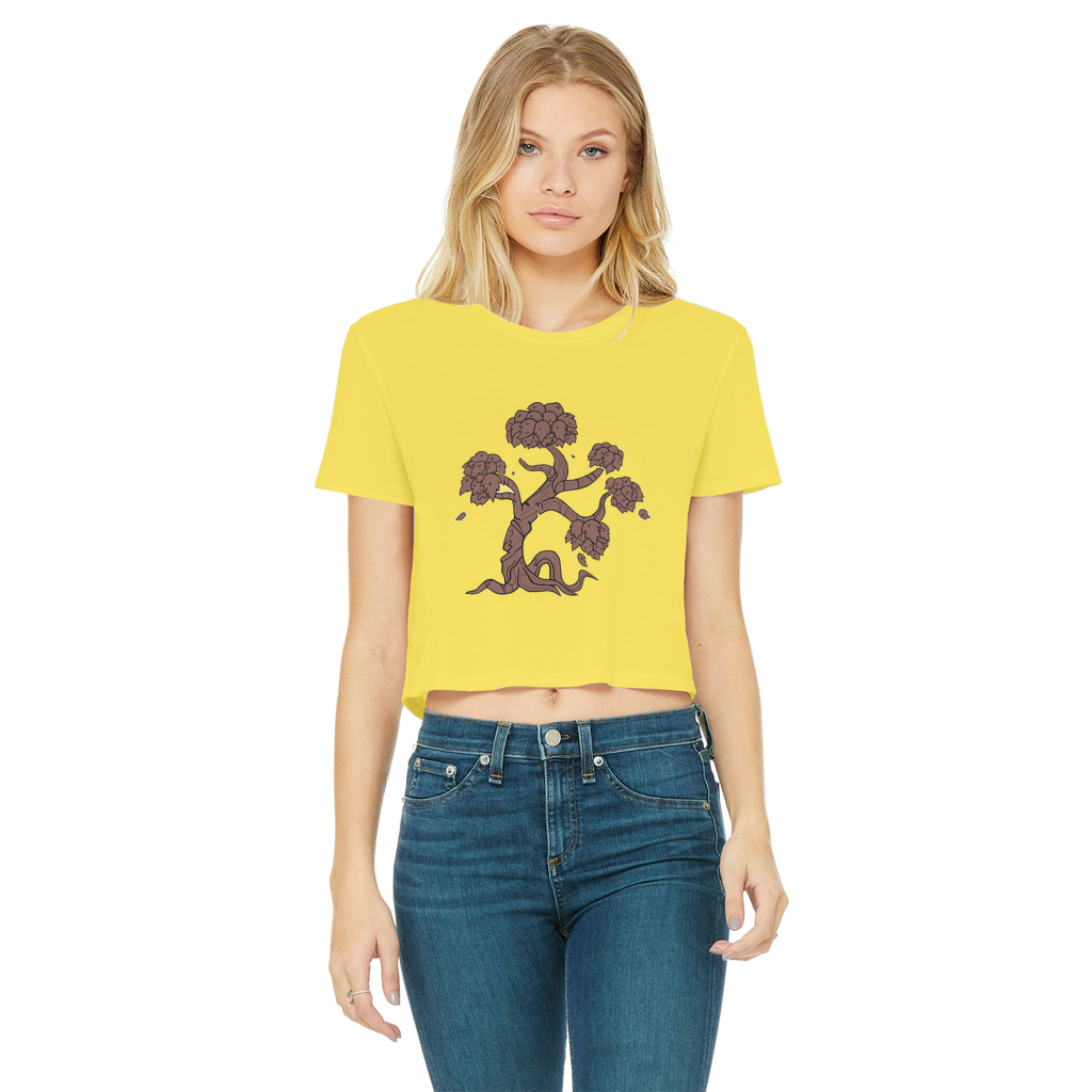 Trees Classic Women's Cropped Raw Edge T-Shirt featuring a round neck, short sleeves, and a raw edge cut hem in a stylish design.