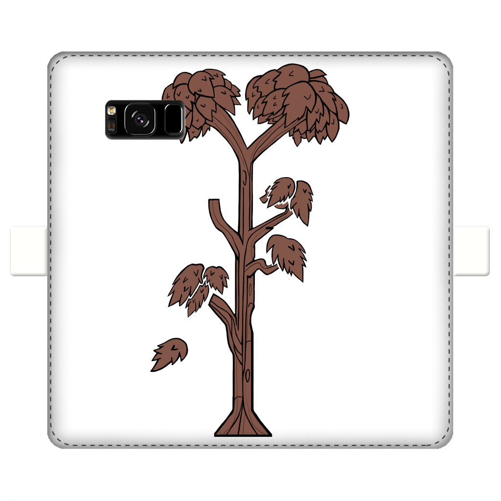 A stylish Trees Fully Printed Wallet Case featuring vibrant tree designs, made of faux leather with a magnetic closure, suitable for iPhone and Samsung models.