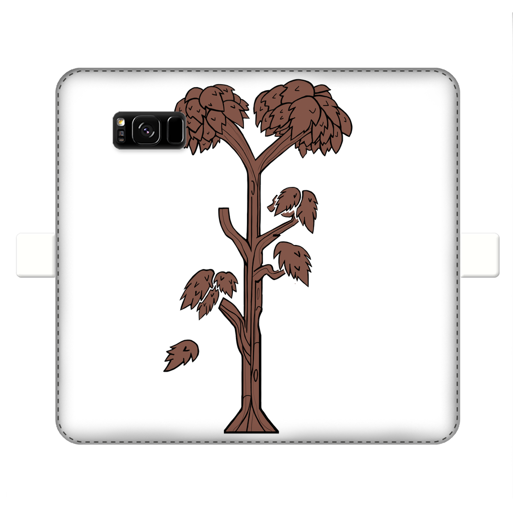 A stylish Trees Fully Printed Wallet Case featuring vibrant tree designs, made of faux leather with a magnetic closure, suitable for iPhone and Samsung models.