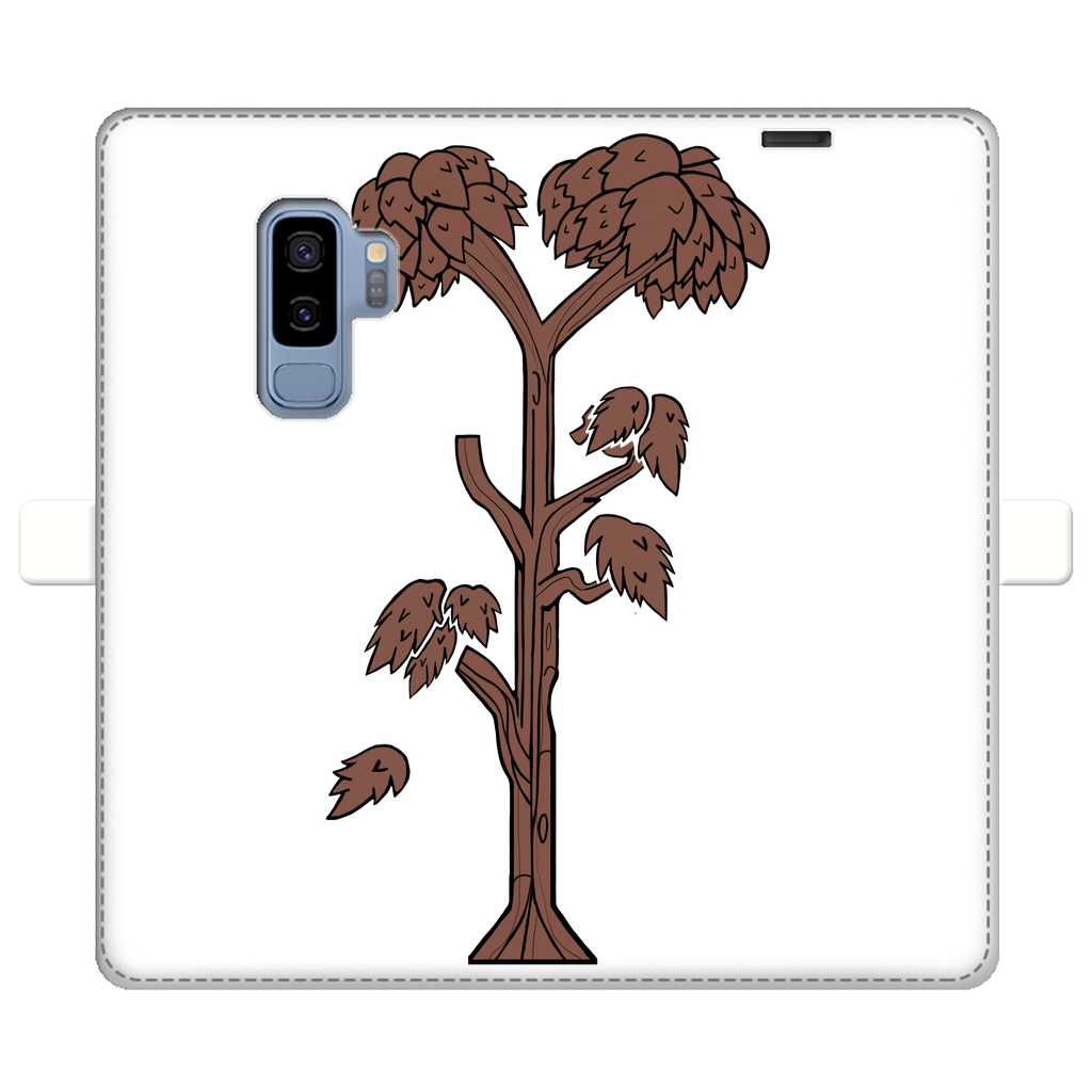 A stylish Trees Fully Printed Wallet Case featuring vibrant tree designs, made of faux leather with a magnetic closure, suitable for iPhone and Samsung models.