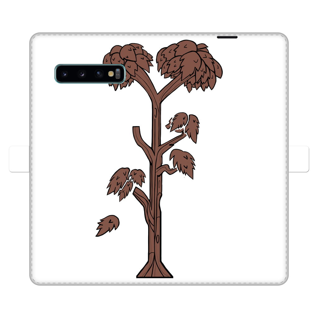 A stylish Trees Fully Printed Wallet Case featuring vibrant tree designs, made of faux leather with a magnetic closure, suitable for iPhone and Samsung models.