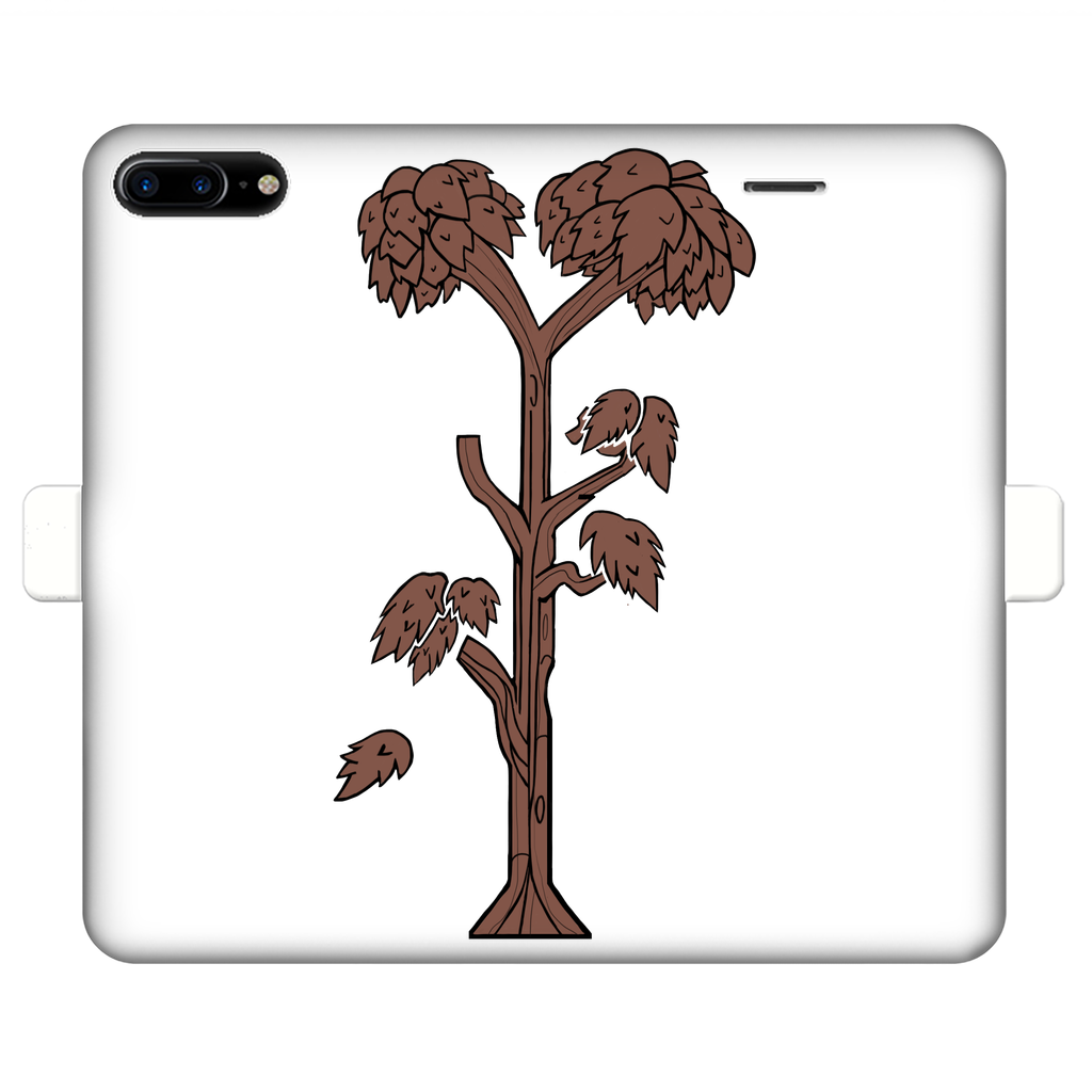 A stylish Trees Fully Printed Wallet Case featuring vibrant tree designs, made of faux leather with a magnetic closure, suitable for iPhone and Samsung models.