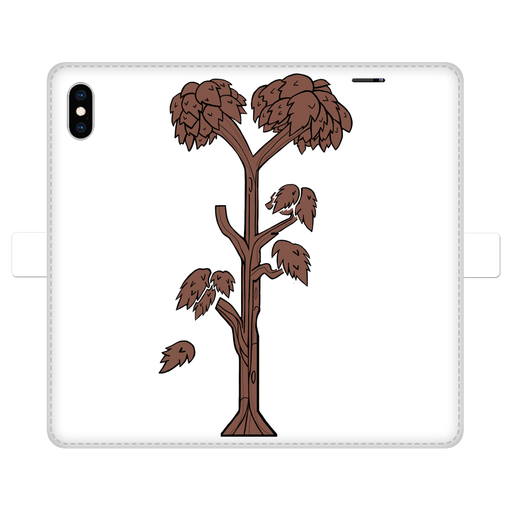 A stylish Trees Fully Printed Wallet Case featuring vibrant tree designs, made of faux leather with a magnetic closure, suitable for iPhone and Samsung models.