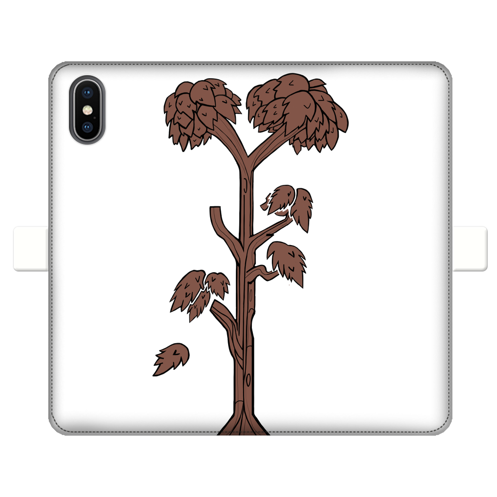 A stylish Trees Fully Printed Wallet Case featuring vibrant tree designs, made of faux leather with a magnetic closure, suitable for iPhone and Samsung models.