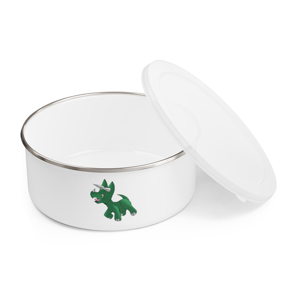 Treevetop Enamel Bowl in stylish design with translucent lid, showcasing its lightweight stainless steel construction.