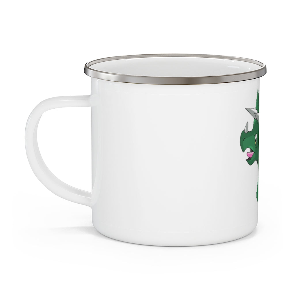 Treevetop Enamel Camping Mug with a C-handle, featuring a durable stainless steel design and customizable full-color printing.