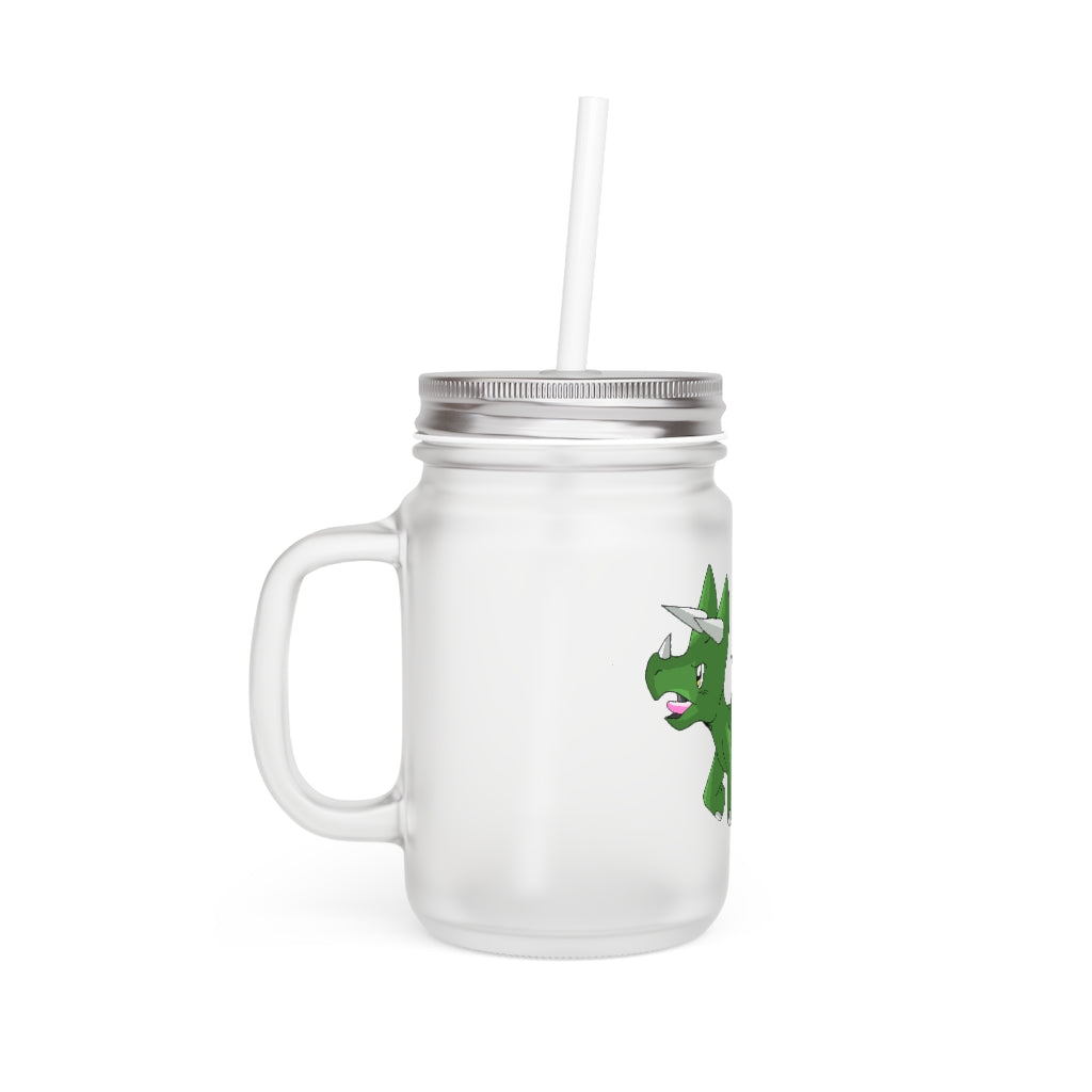 A stylish Treevetop Mason Jar made of frosted glass, featuring a straw and lid, perfect for personalized drinks.