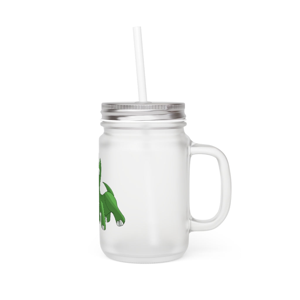 A stylish Treevetop Mason Jar made of frosted glass, featuring a straw and lid, perfect for personalized drinks.