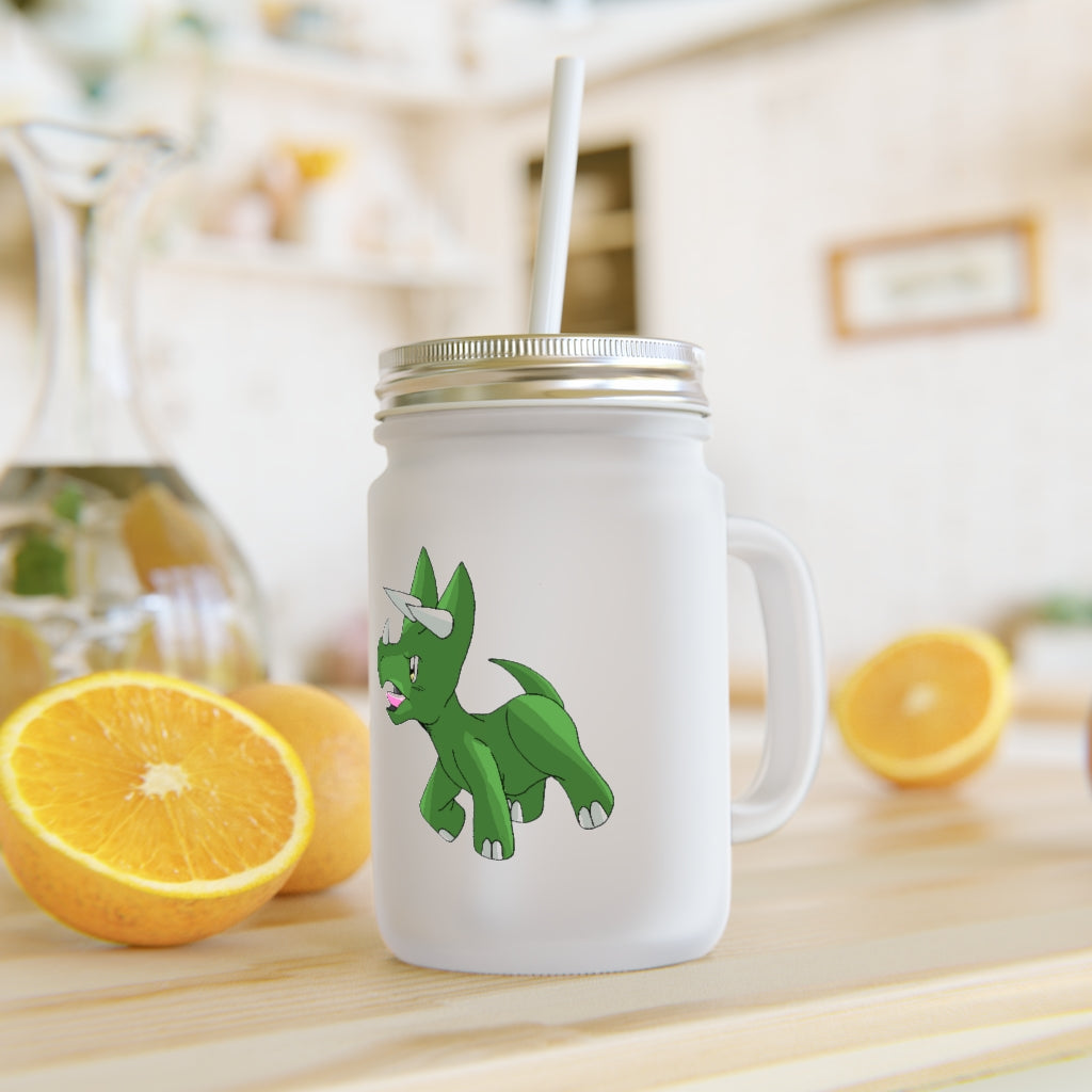 A stylish Treevetop Mason Jar made of frosted glass, featuring a straw and lid, perfect for personalized drinks.