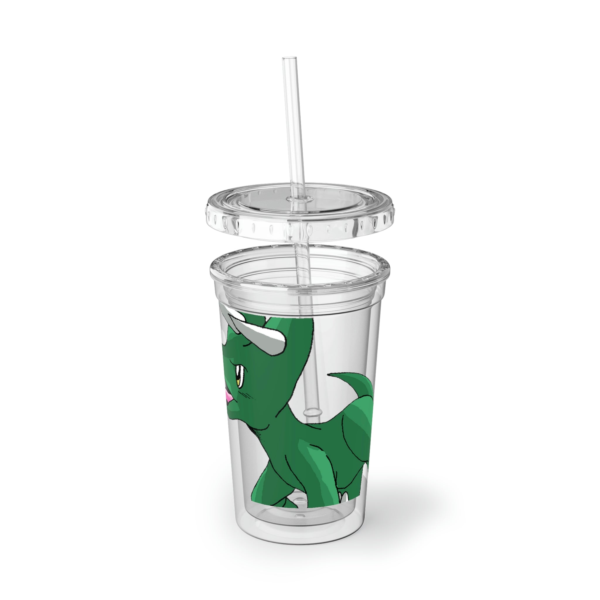 Treevetop Suave Acrylic Cup with double-wall insulation, featuring a plastic lid and straw, customizable with vibrant artwork.