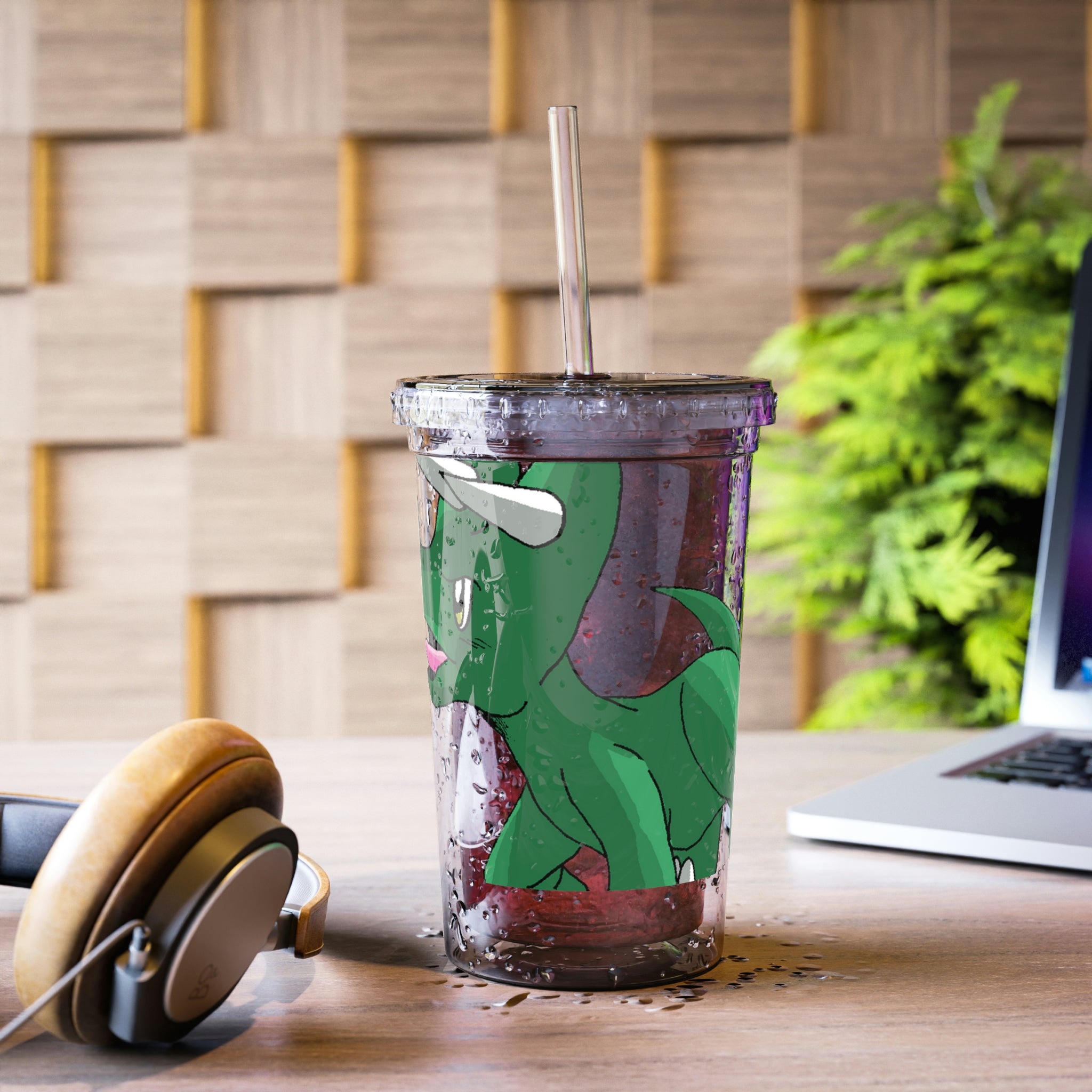 Treevetop Suave Acrylic Cup with double-wall insulation, featuring a plastic lid and straw, customizable with vibrant artwork.