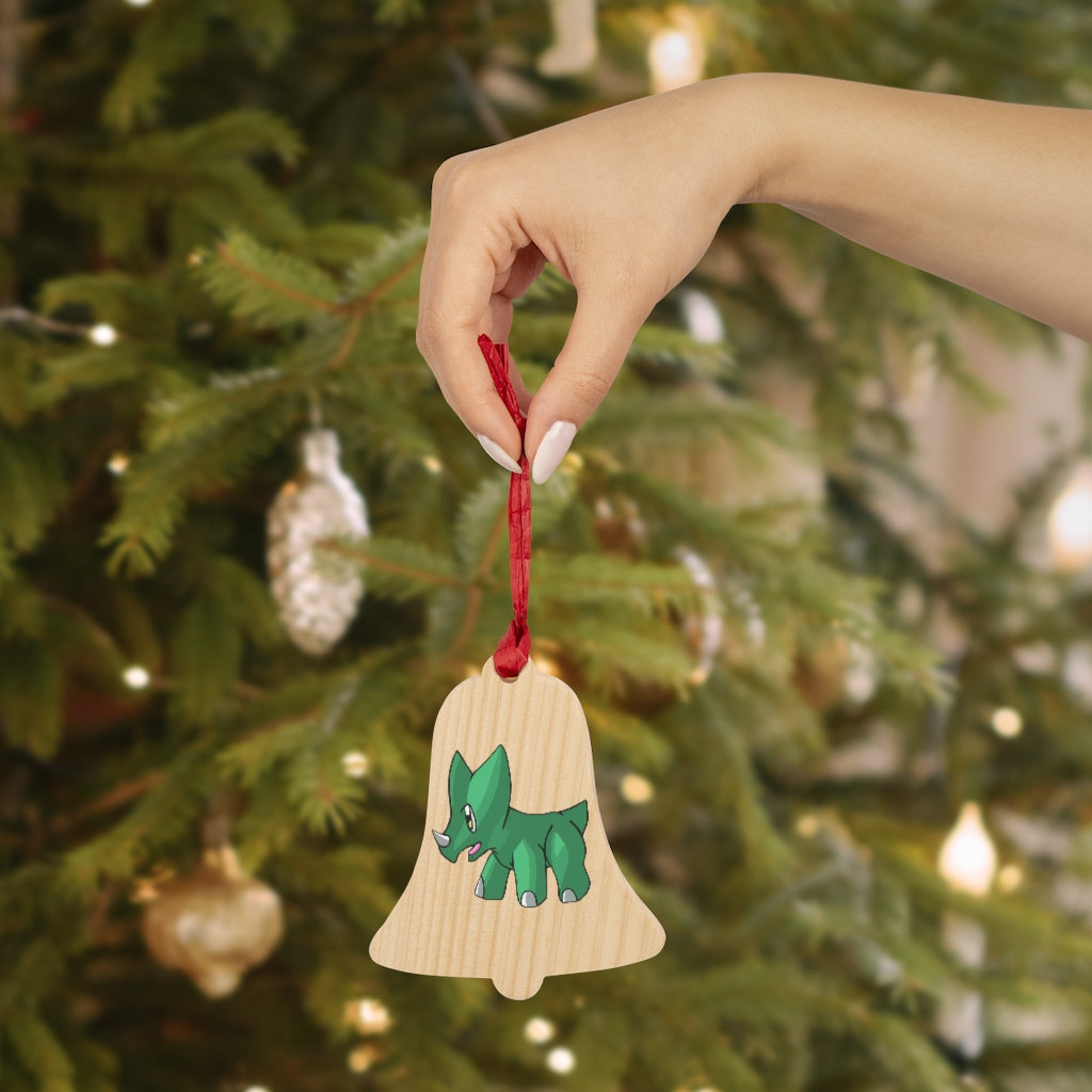 Treevetop Wooden Christmas Ornaments in various whimsical shapes with red ribbons, showcasing their rustic wooden finish.