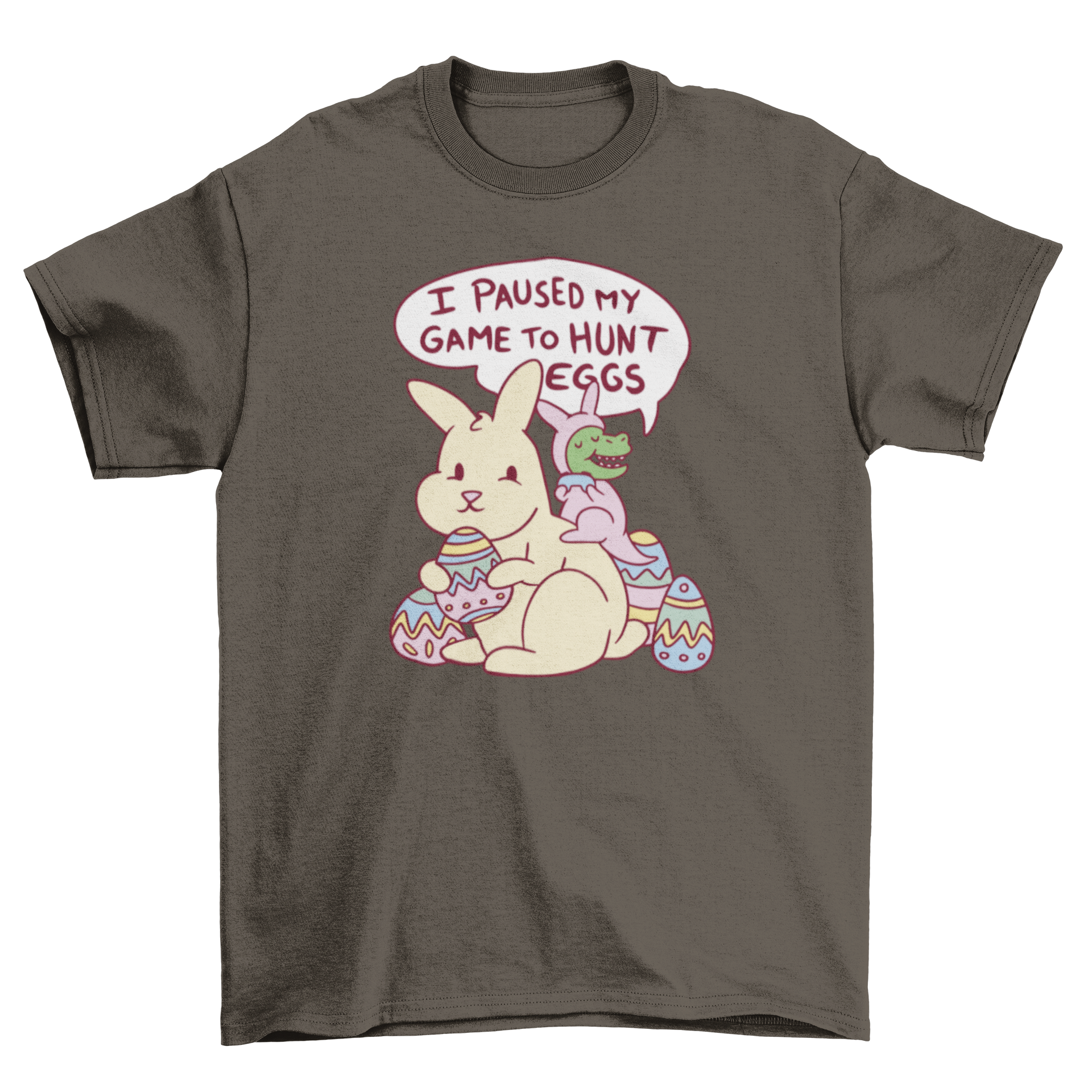 A playful t-shirt featuring a T-rex riding an Easter Bunny surrounded by colorful Easter eggs with a humorous quote.