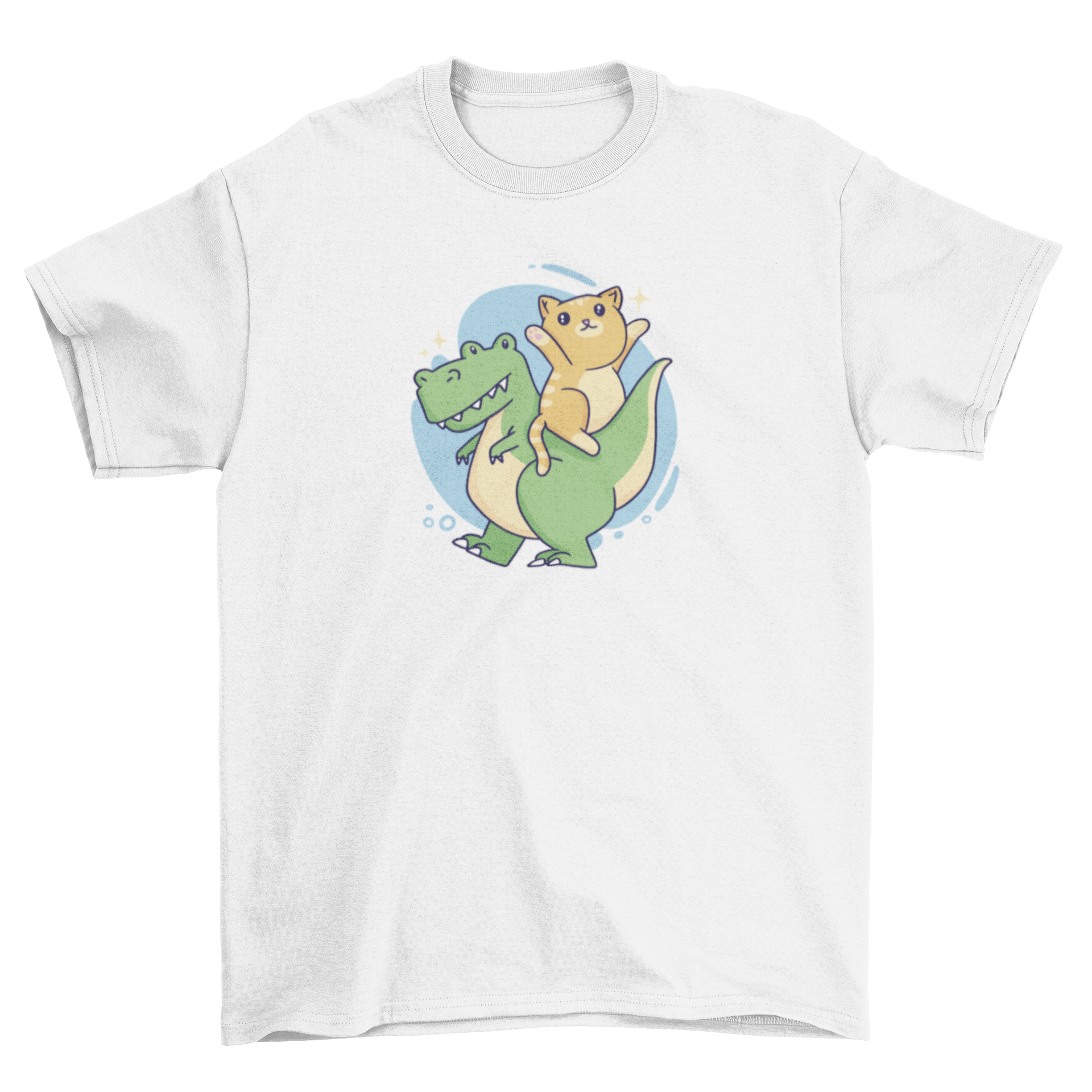 A playful t-shirt featuring a cat riding a T-rex, showcasing a fun and unique design.