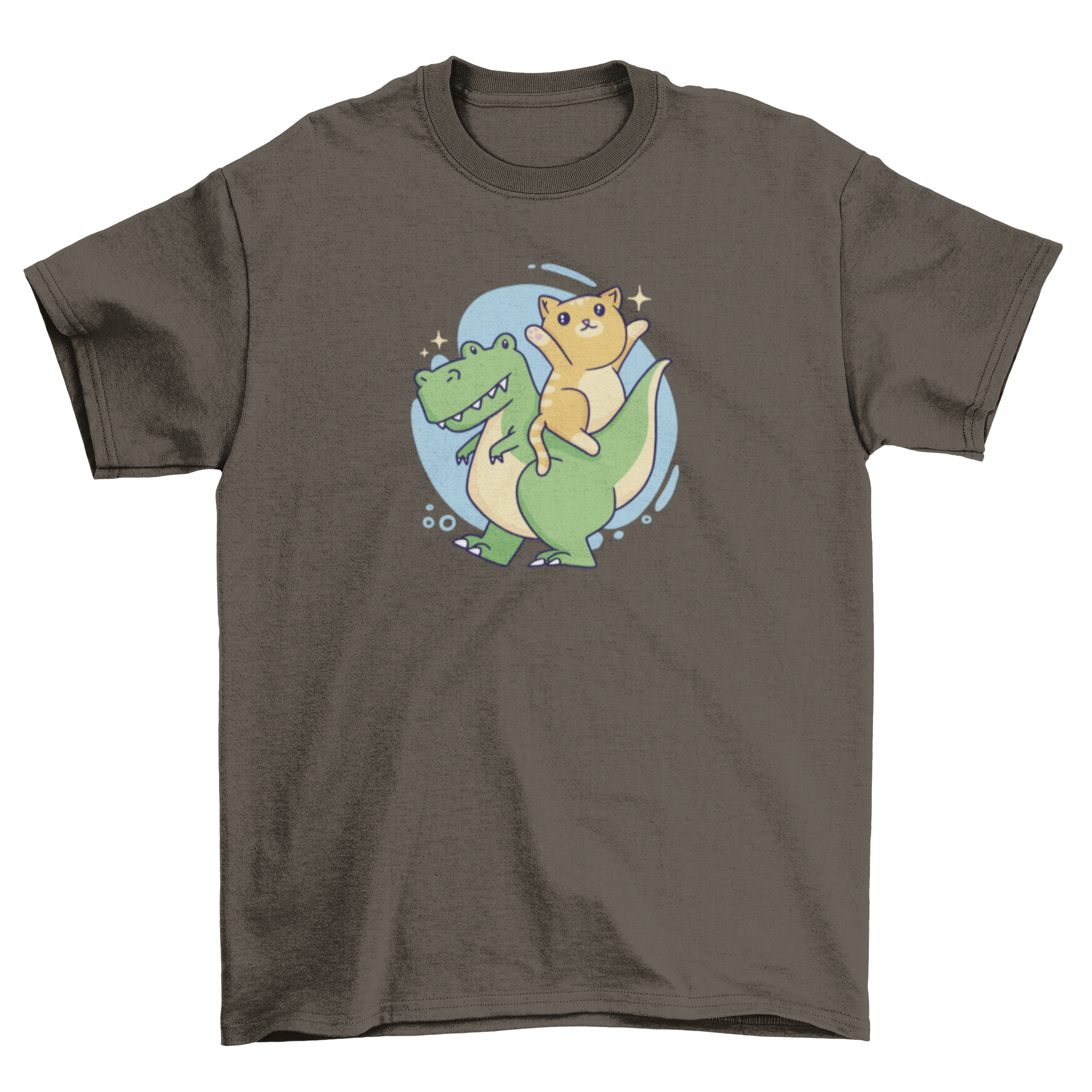 A playful t-shirt featuring a cat riding a T-rex, showcasing a fun and unique design.