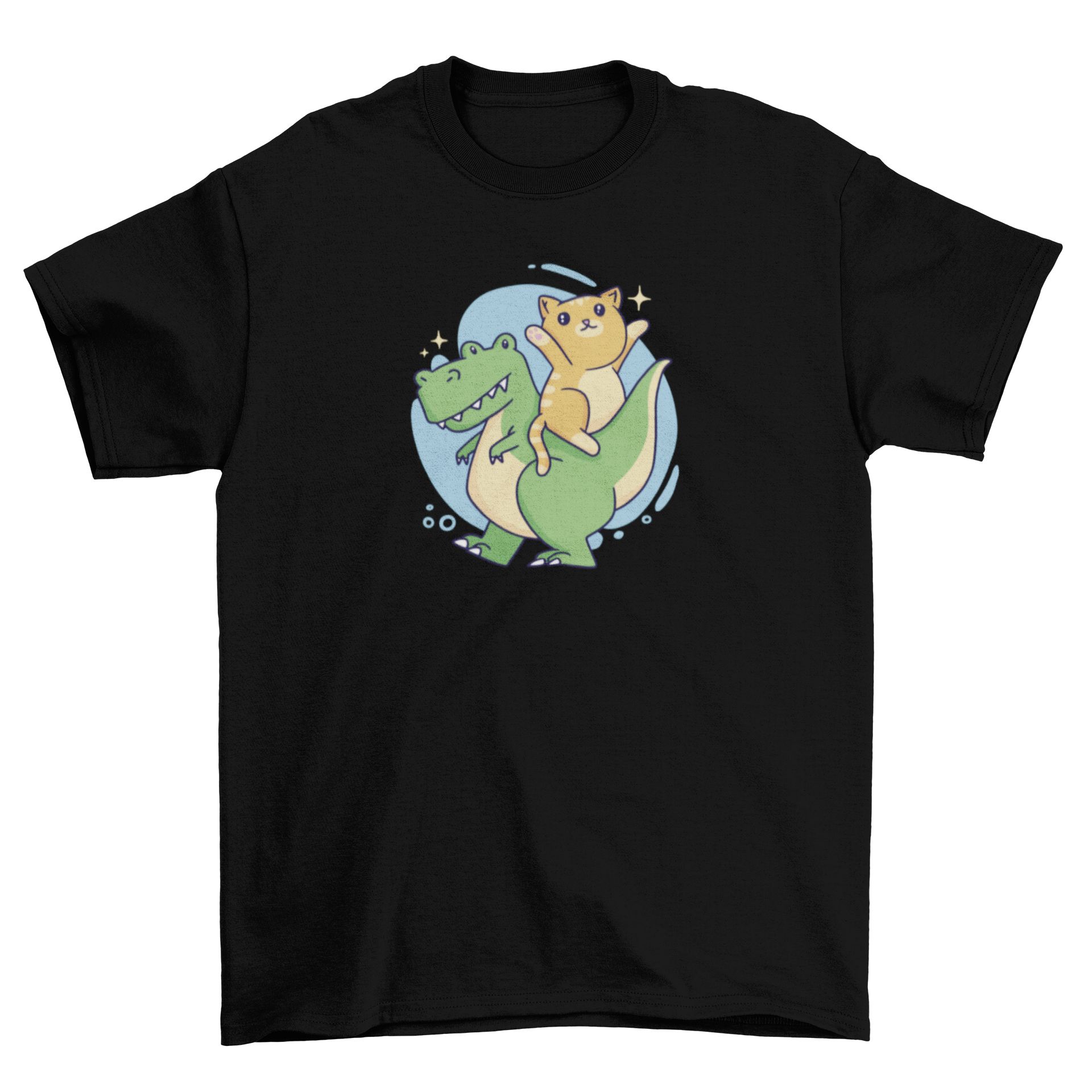 A playful t-shirt featuring a cat riding a T-rex, showcasing a fun and unique design.