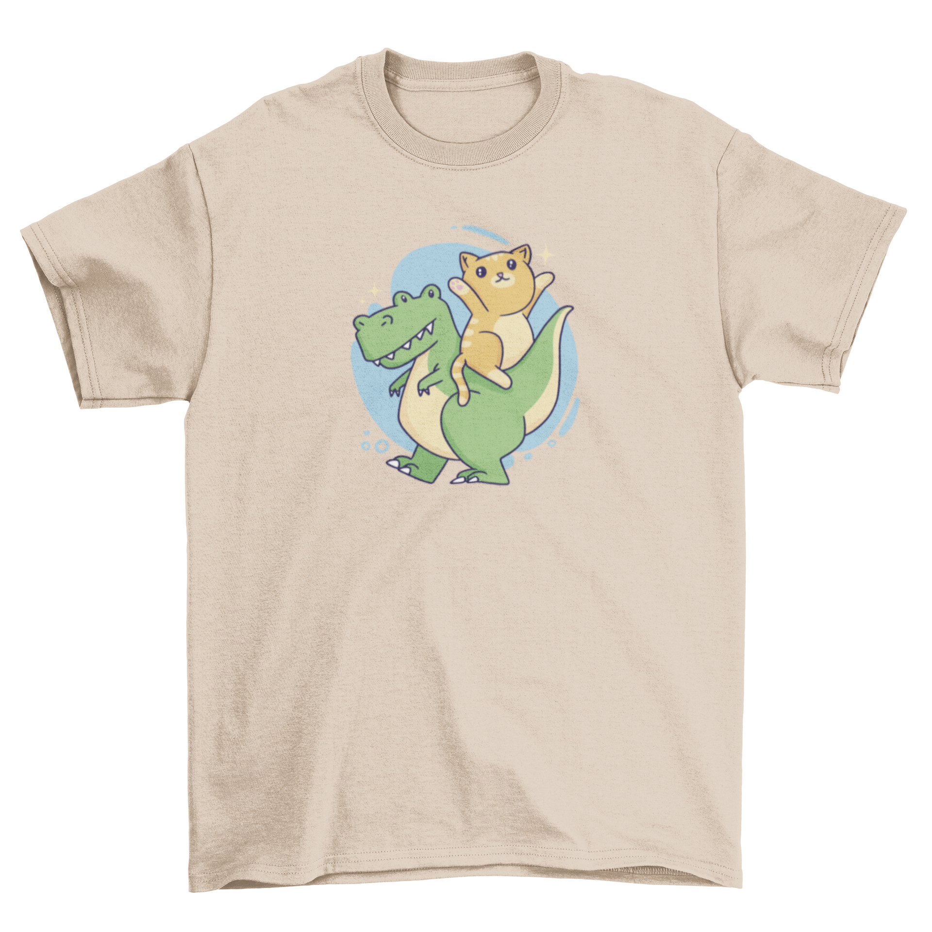 A playful t-shirt featuring a cat riding a T-rex, showcasing a fun and unique design.