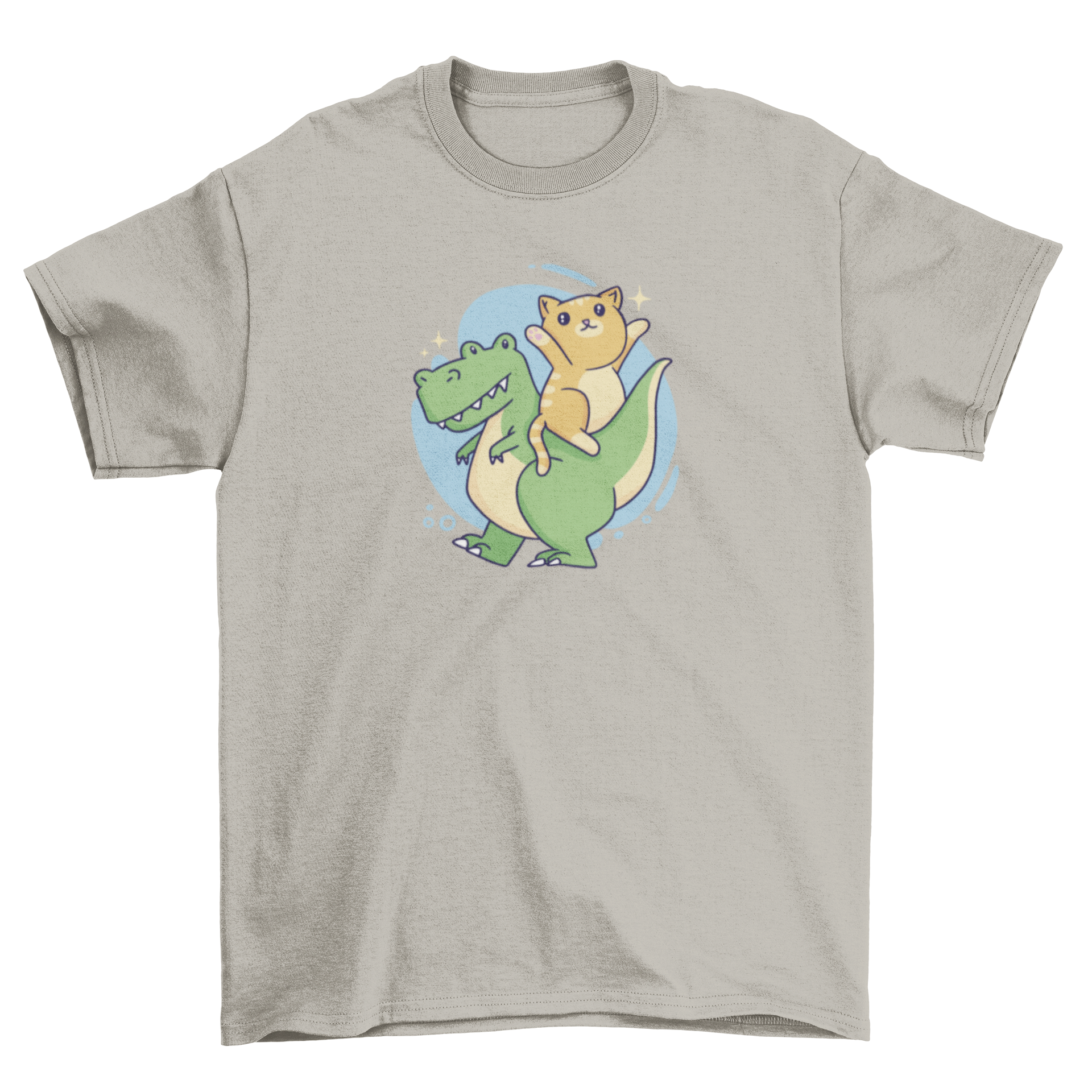 A playful t-shirt featuring a cat riding a T-rex, showcasing a fun and unique design.