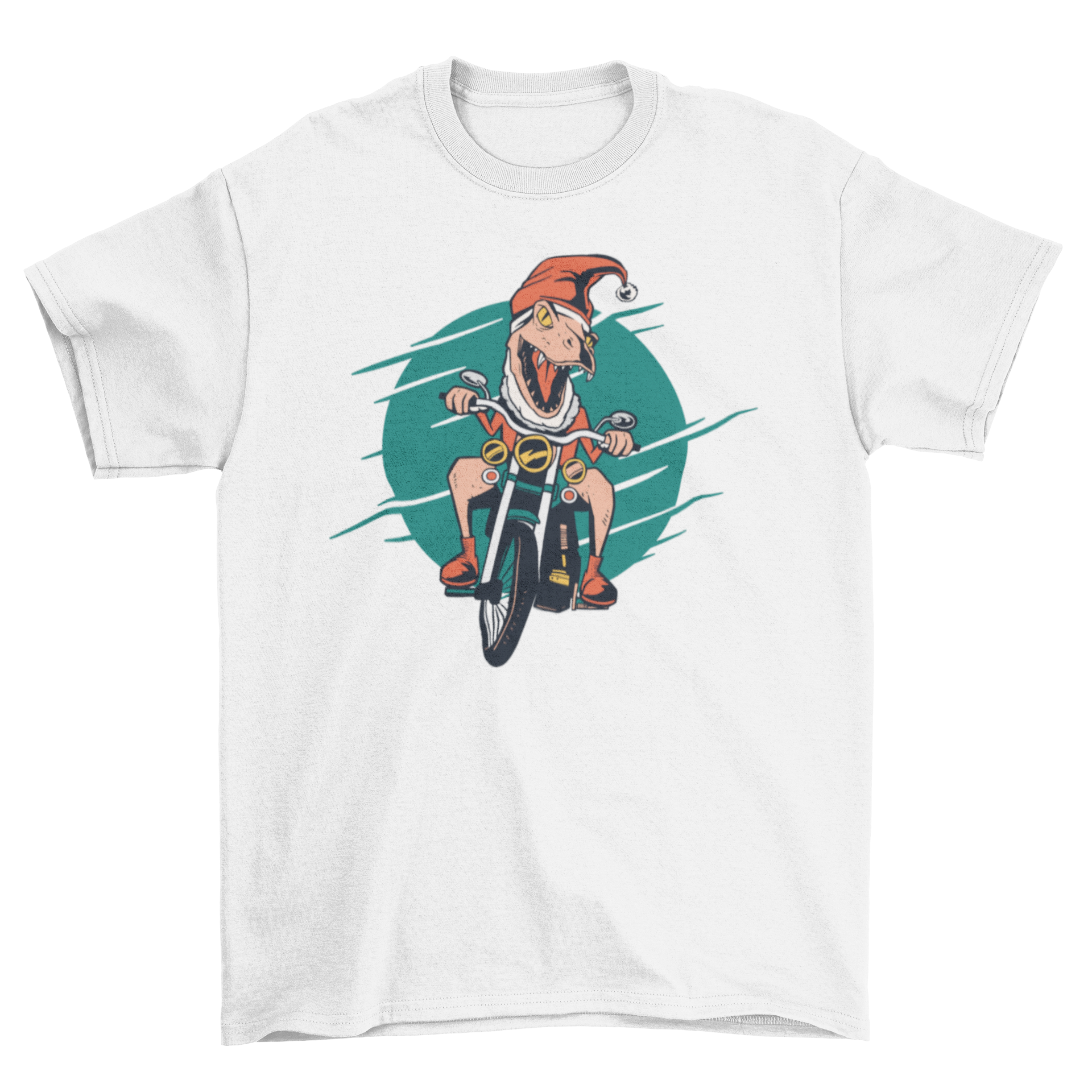 A T-rex dressed as Santa Claus riding a motorbike on a festive t-shirt.